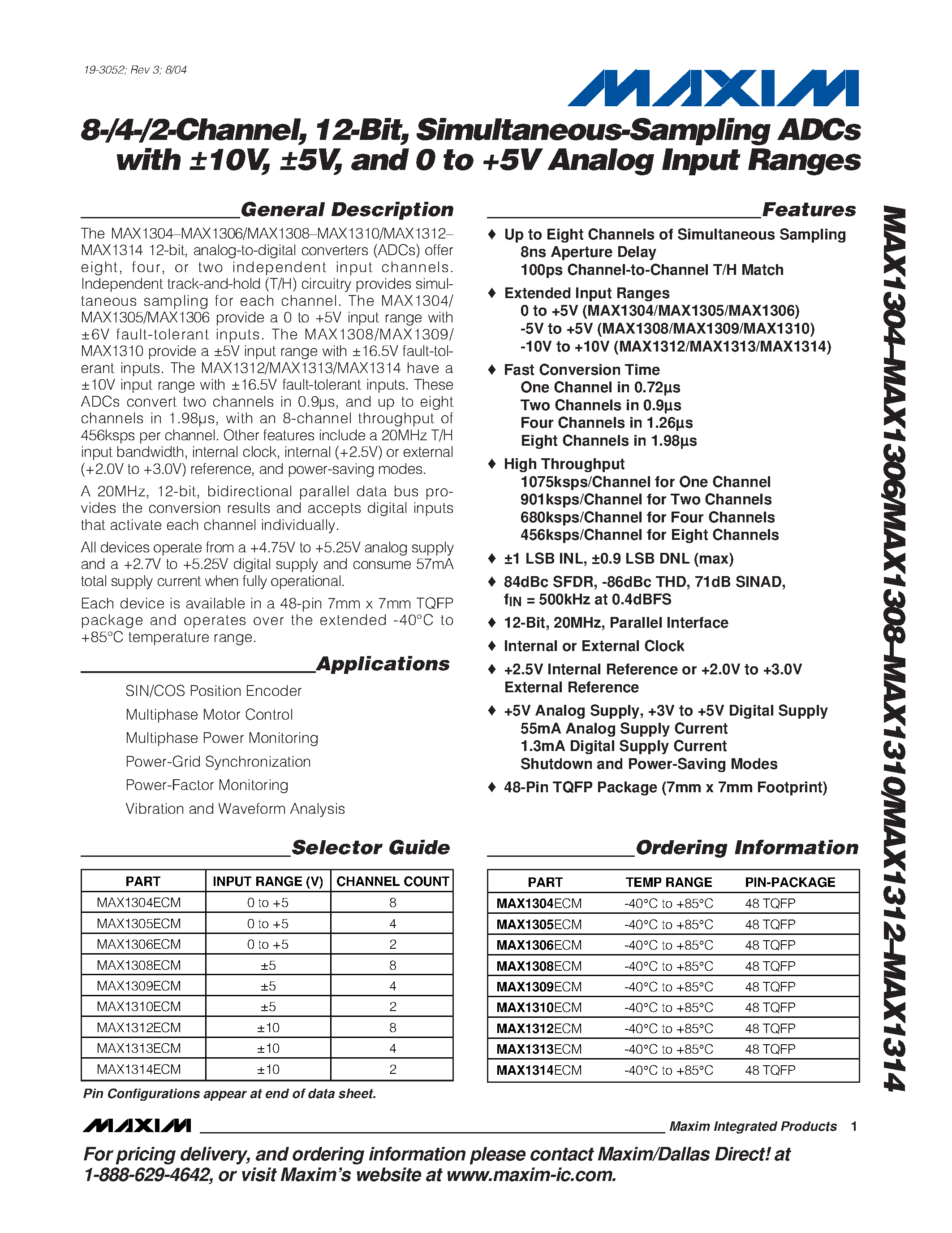 Даташит MAX1304 - 8-/4-/2-Channel / 12-Bit / Simultaneous-Sampling ADCs with 10V / 5V / and 0 to +5V Analog Input Ranges страница 1