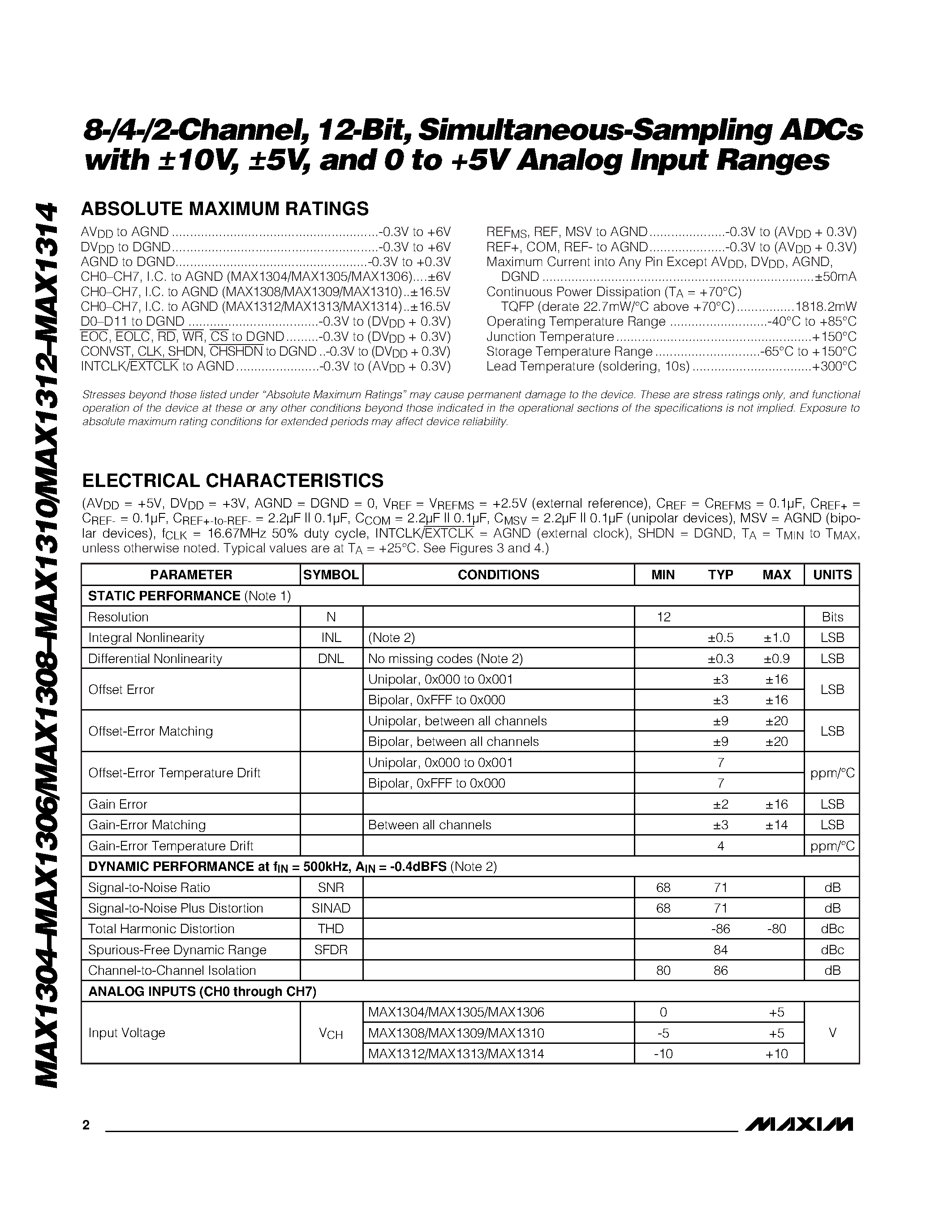 Даташит MAX1304ECM - 8-/4-/2-Channel / 12-Bit / Simultaneous-Sampling ADCs with 10V / 5V / and 0 to +5V Analog Input Ranges страница 2