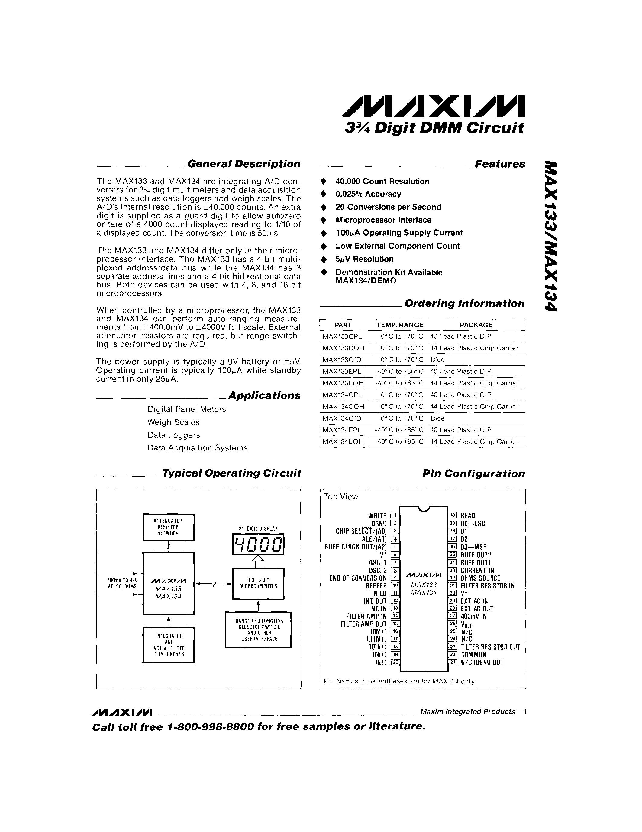 Datasheet MAX133C/D - 3 Digit DMM Circuit page 1