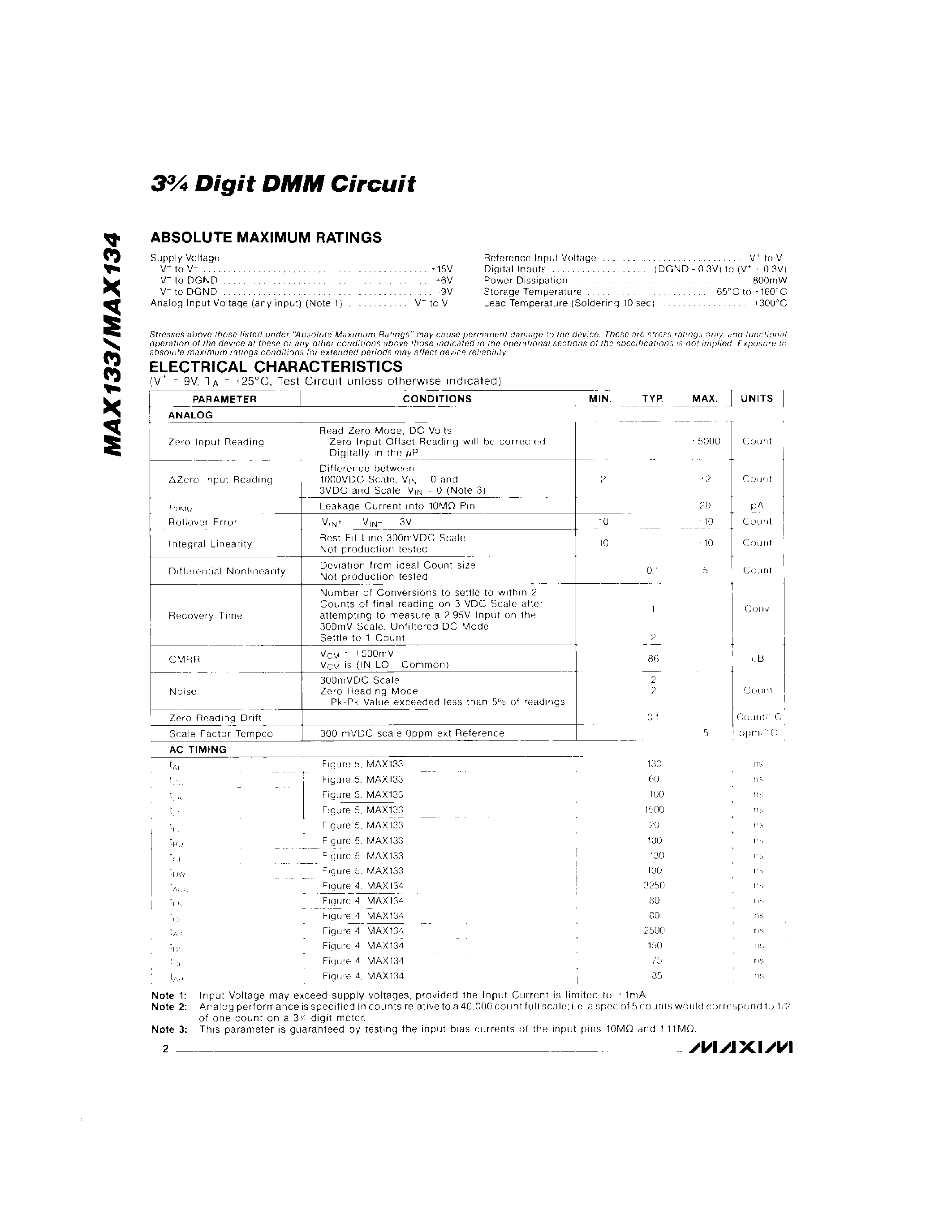 Datasheet MAX133C/D - 3 Digit DMM Circuit page 2