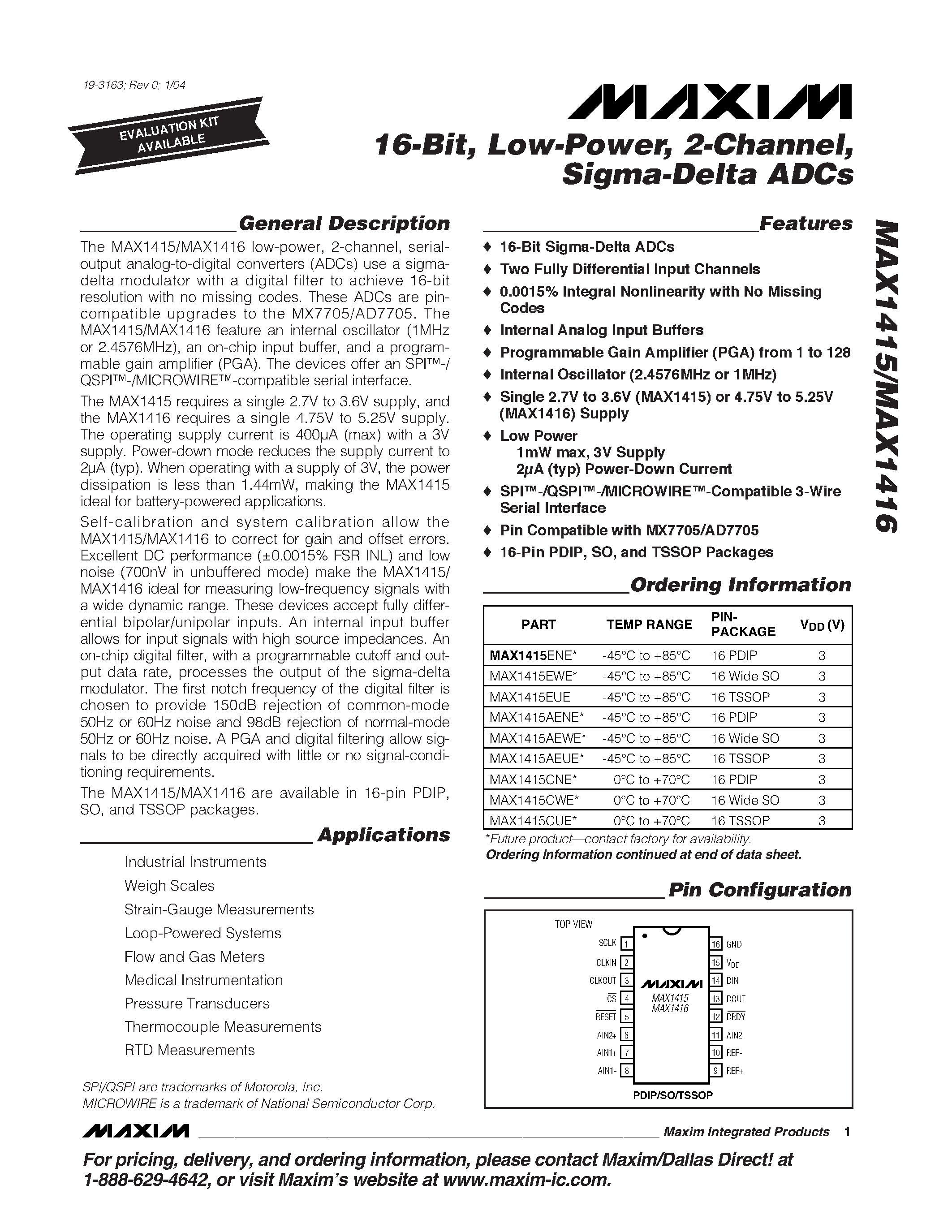 Даташит MAX1415 - 16-Bit / Low-Power / 2-Channel / Sigma-Delta ADCs страница 1