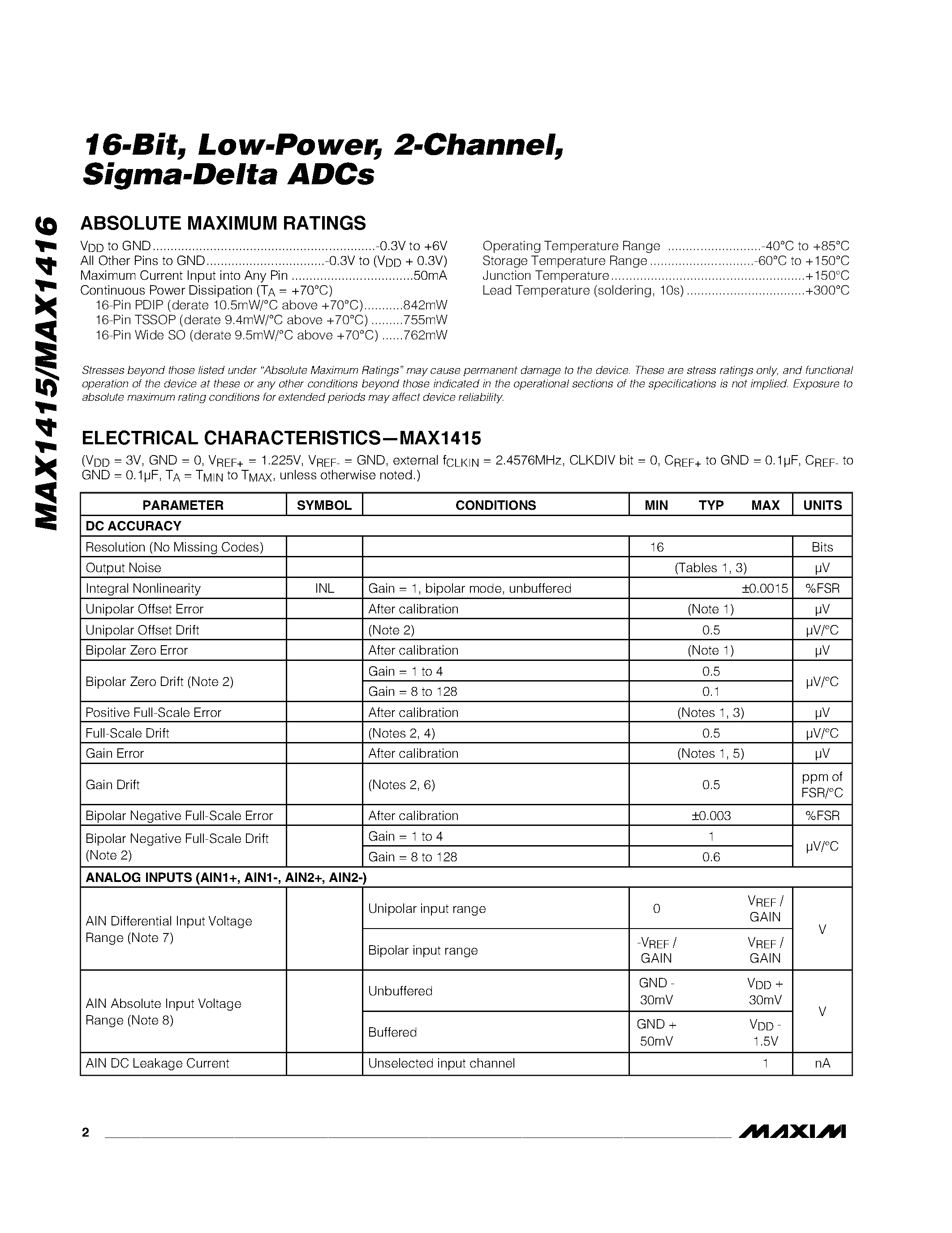 Даташит MAX1415 - 16-Bit / Low-Power / 2-Channel / Sigma-Delta ADCs страница 2