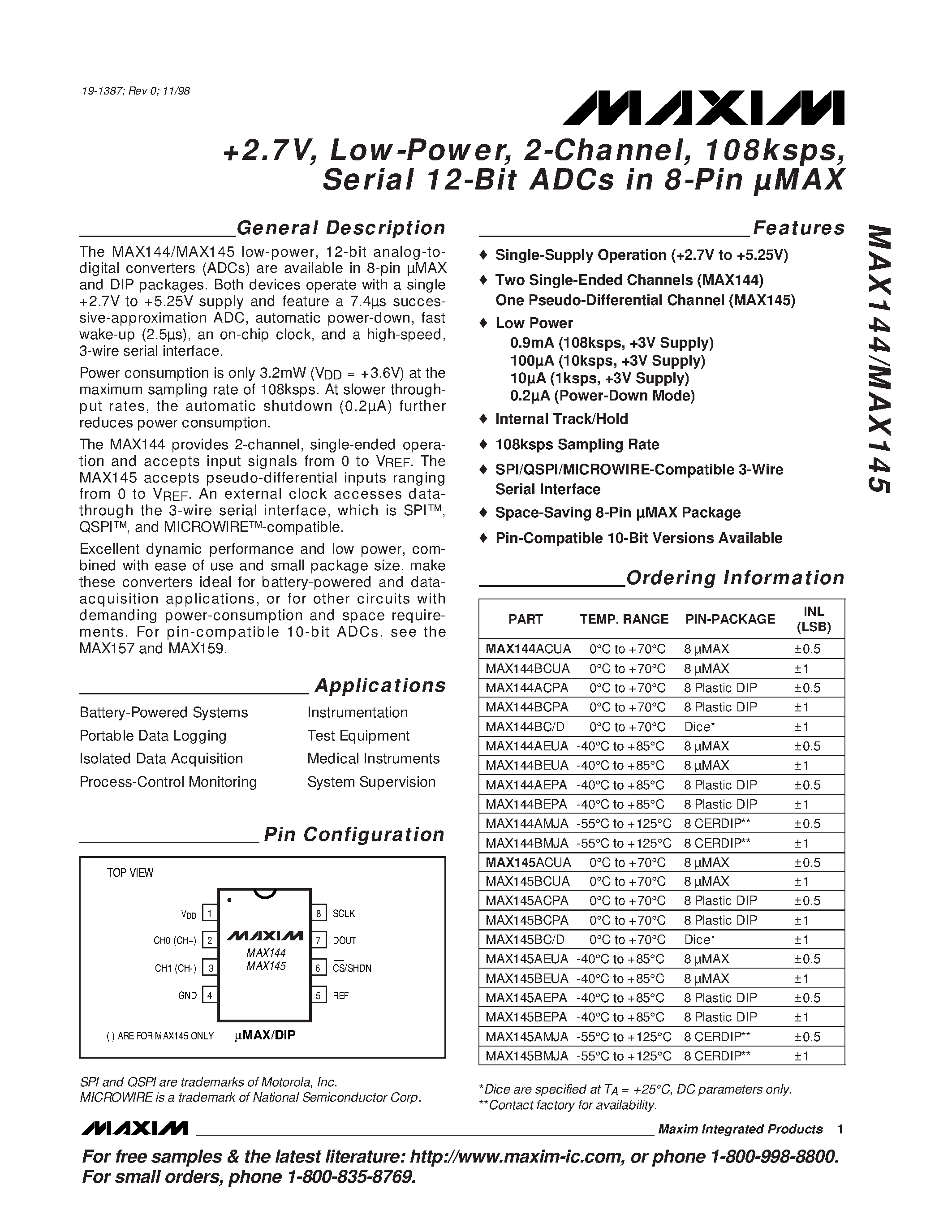 Даташит MAX144 - +2.7V / Low-Power / 2-Channel / 108ksps / Serial 12-Bit ADCs in 8-Pin MAX страница 1