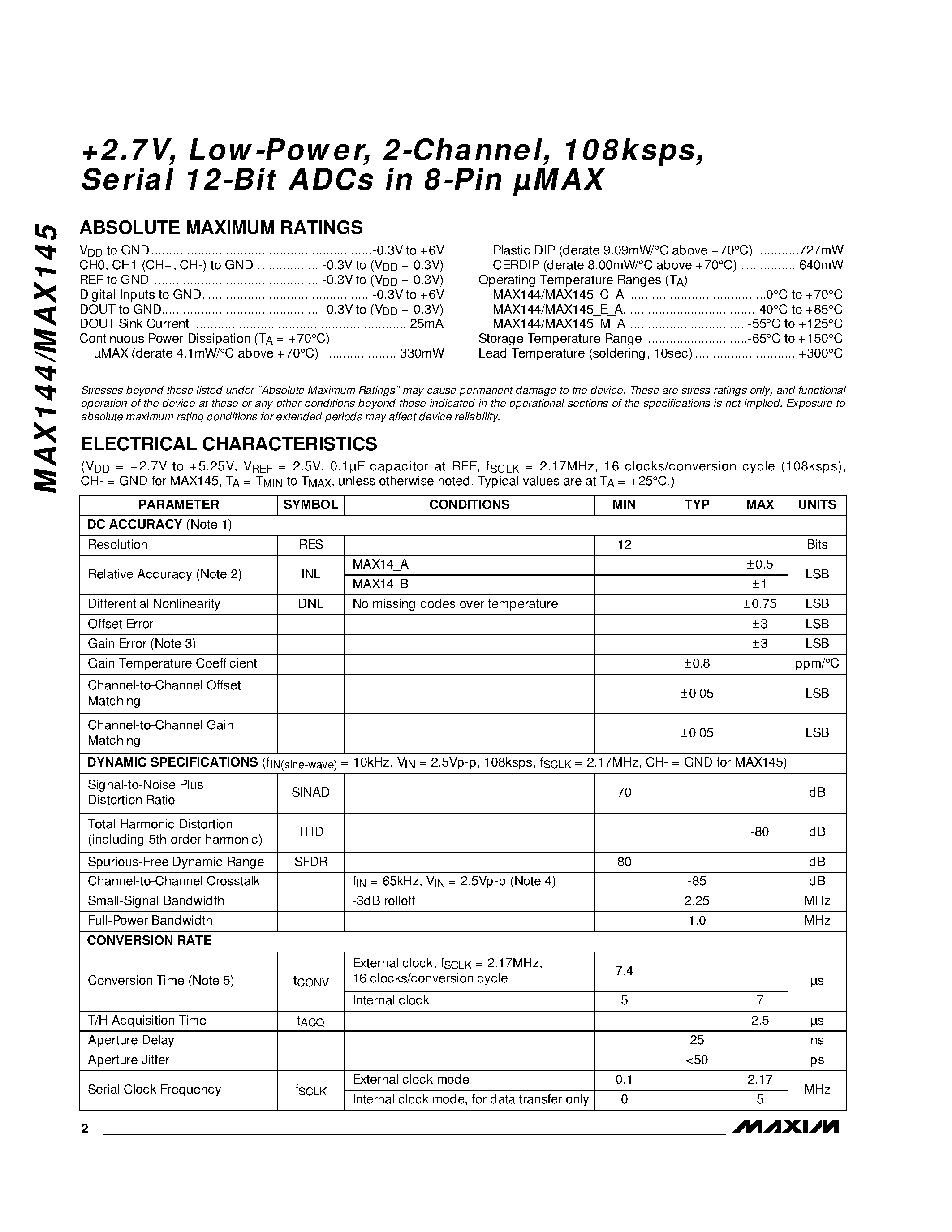 Даташит MAX144 - +2.7V / Low-Power / 2-Channel / 108ksps / Serial 12-Bit ADCs in 8-Pin MAX страница 2