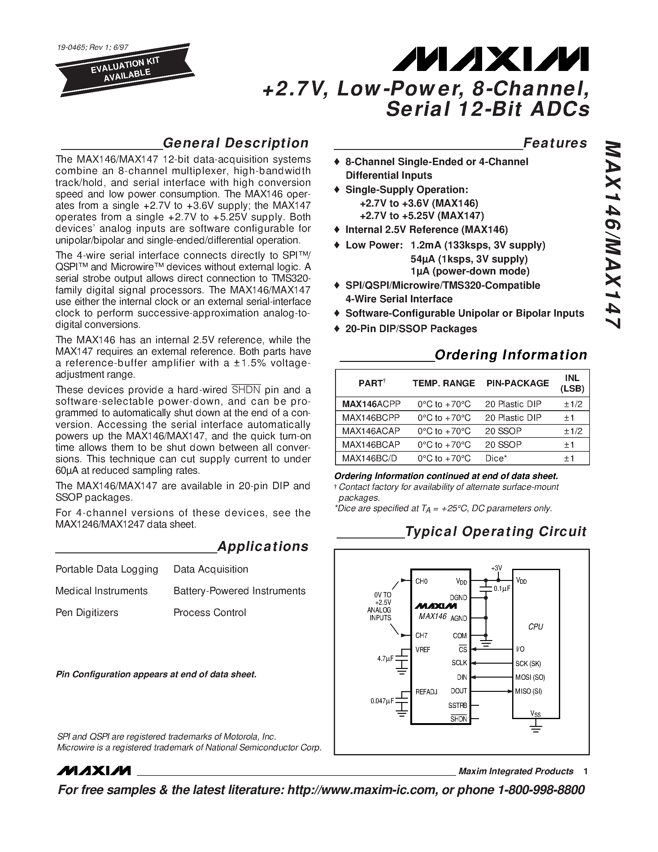 Даташит MAX146 - +2.7Low-Power / 8-Channel / Serial 12-Bit ADCs страница 1