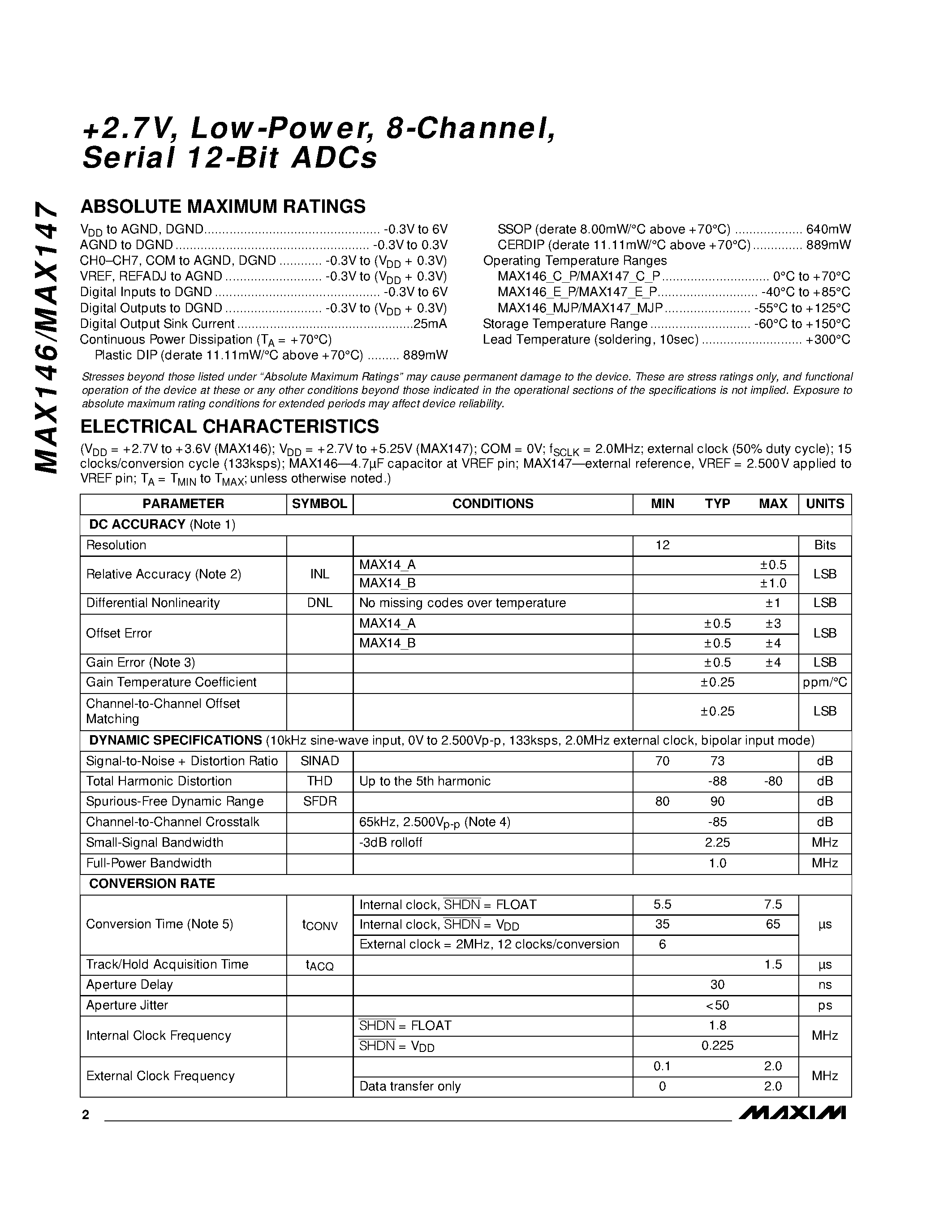 Даташит MAX146 - +2.7Low-Power / 8-Channel / Serial 12-Bit ADCs страница 2