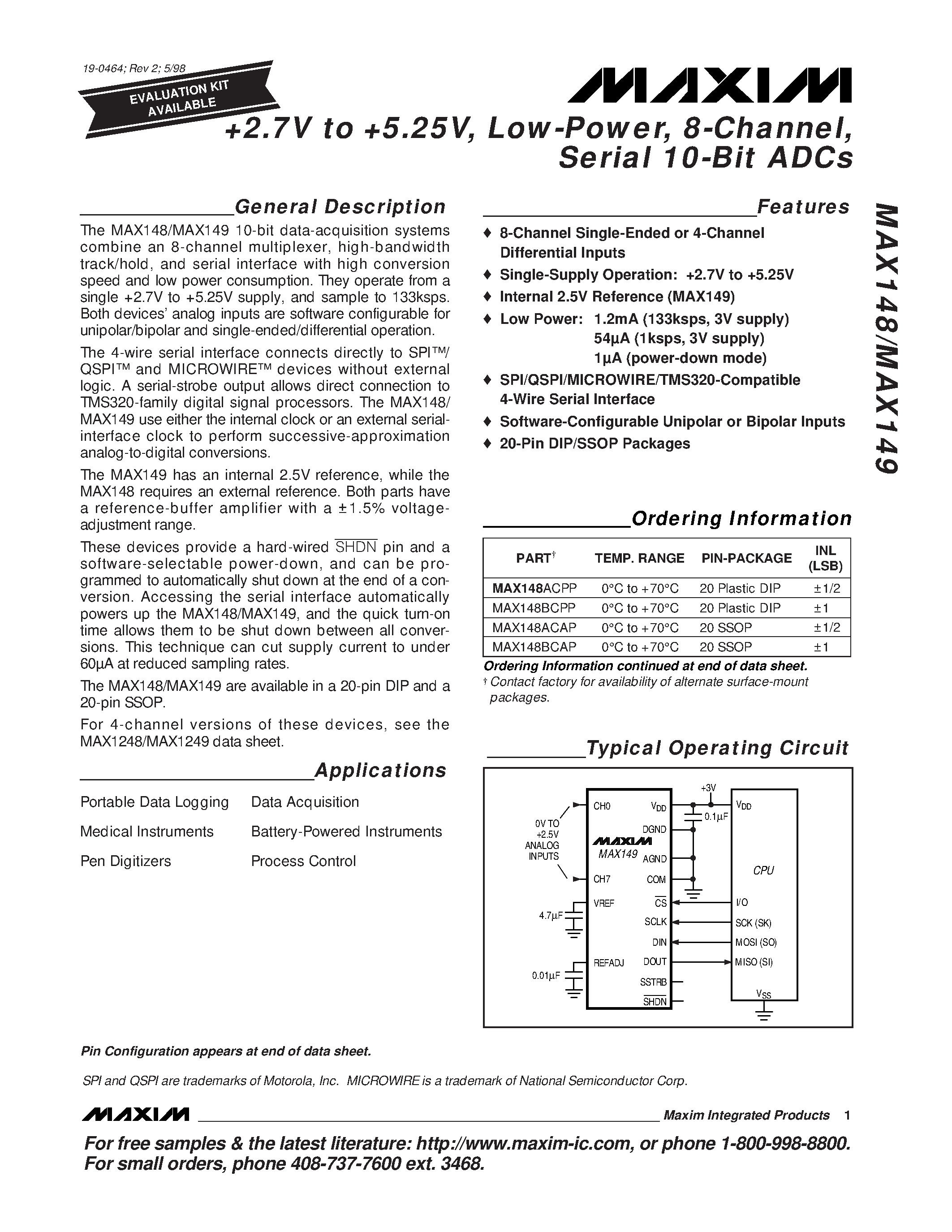 Даташит MAX148 - +2.7V to +5.25V / Low-Power / 8-Channel / Serial 10-Bit ADCs страница 1