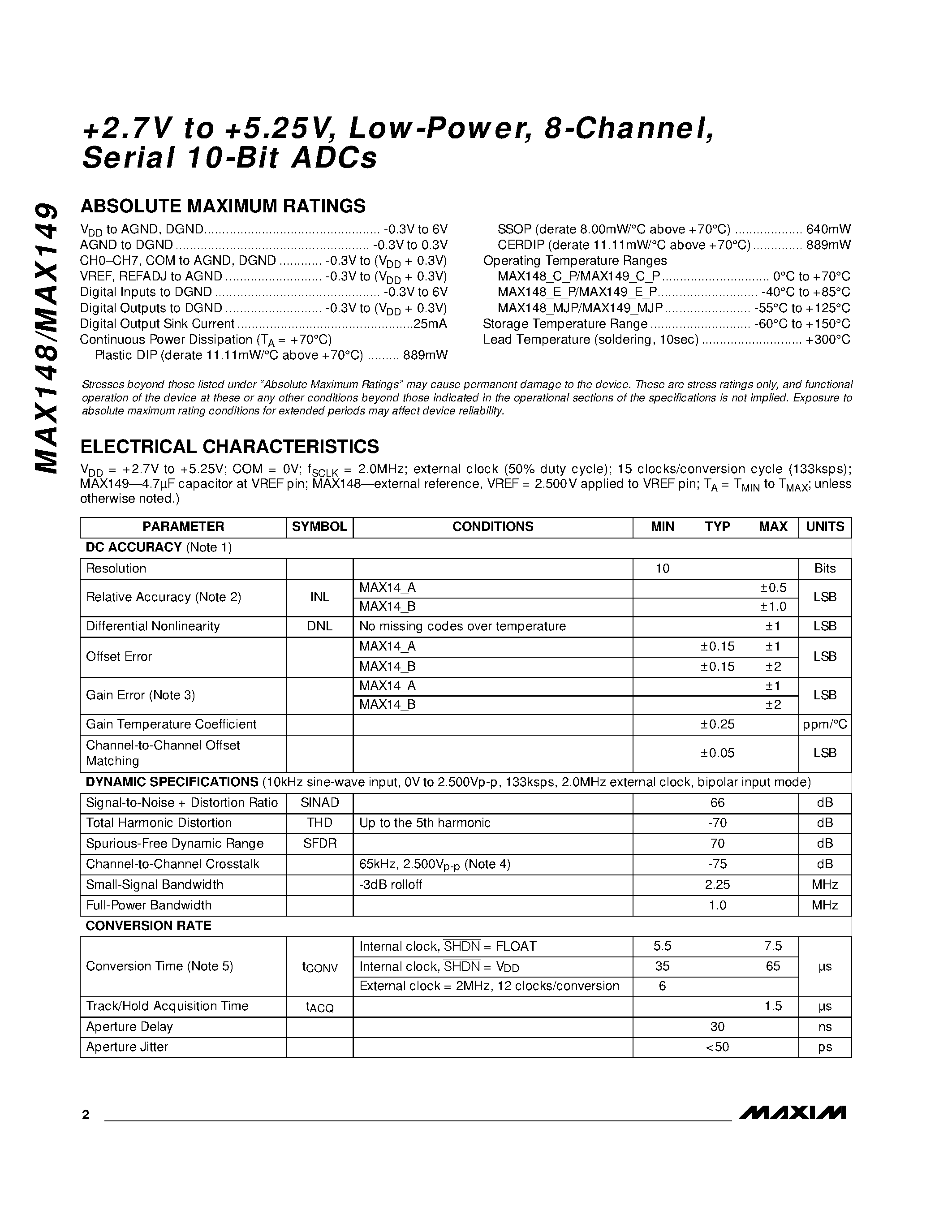 Даташит MAX148 - +2.7V to +5.25V / Low-Power / 8-Channel / Serial 10-Bit ADCs страница 2