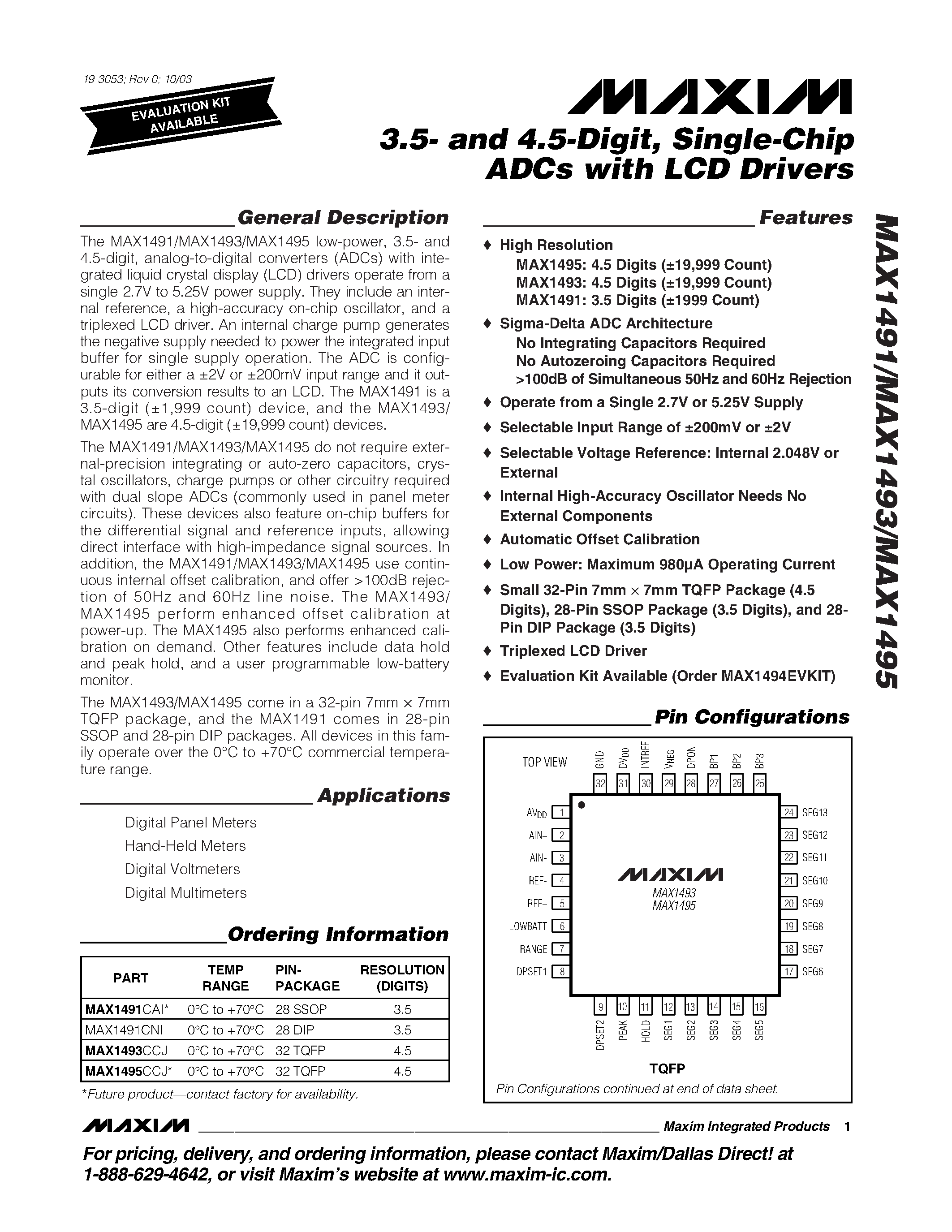 Даташит MAX1491 - 3.5- and 4.5-Digit / Single-Chip ADCs with LCD Drivers страница 1