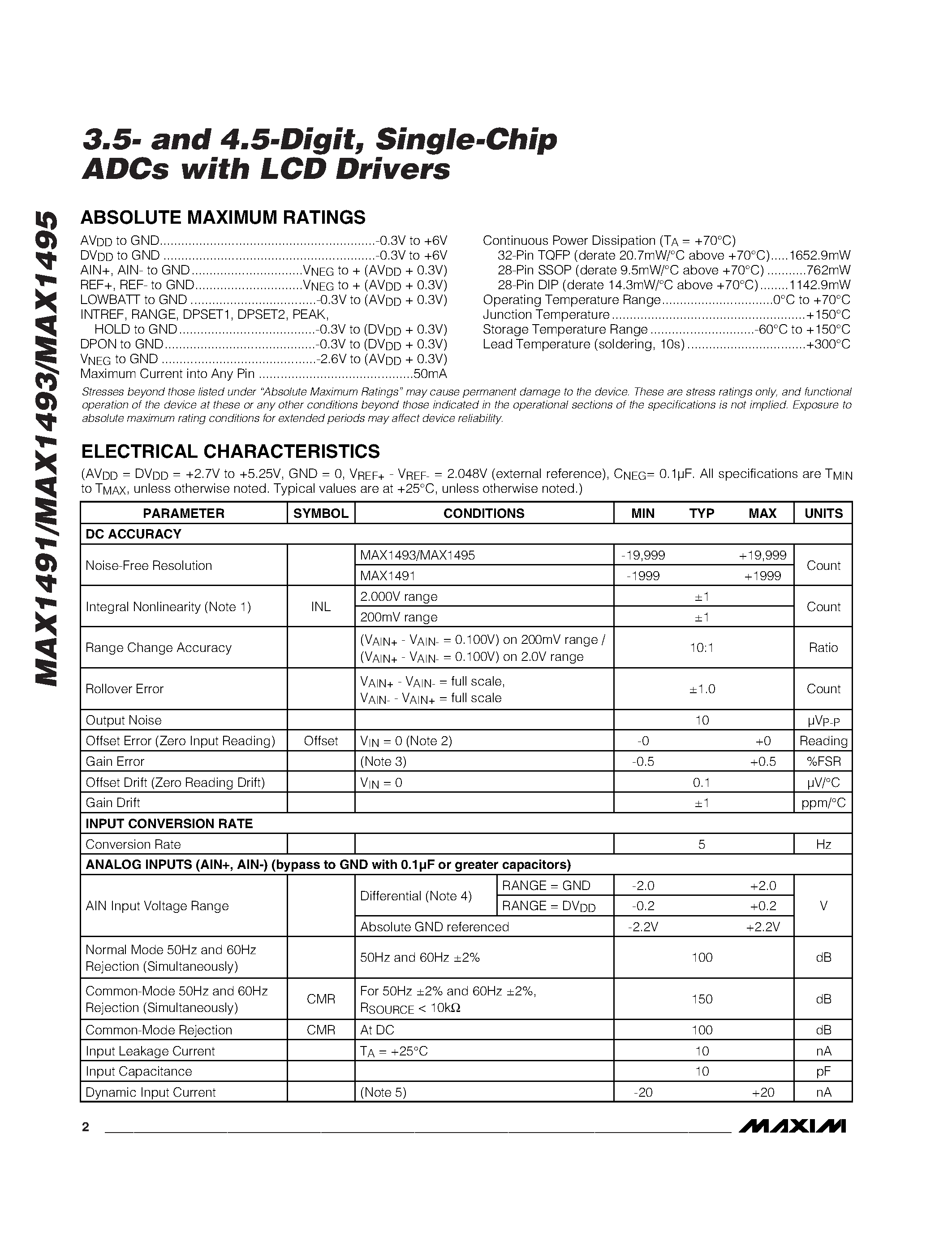 Даташит MAX1491 - 3.5- and 4.5-Digit / Single-Chip ADCs with LCD Drivers страница 2