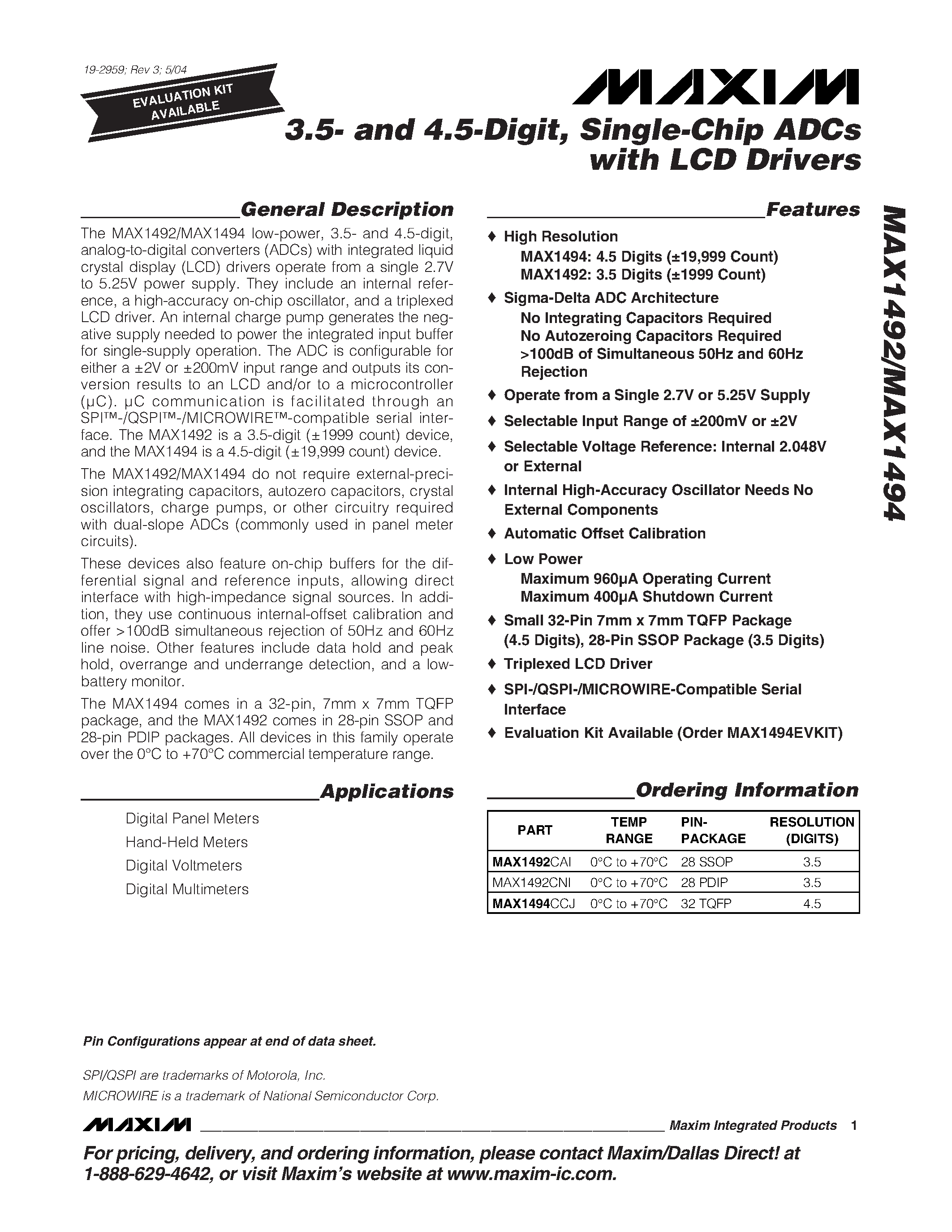 Даташит MAX1492 - 3.5- and 4.5-Digit / Single-Chip ADCs with LCD Drivers страница 1