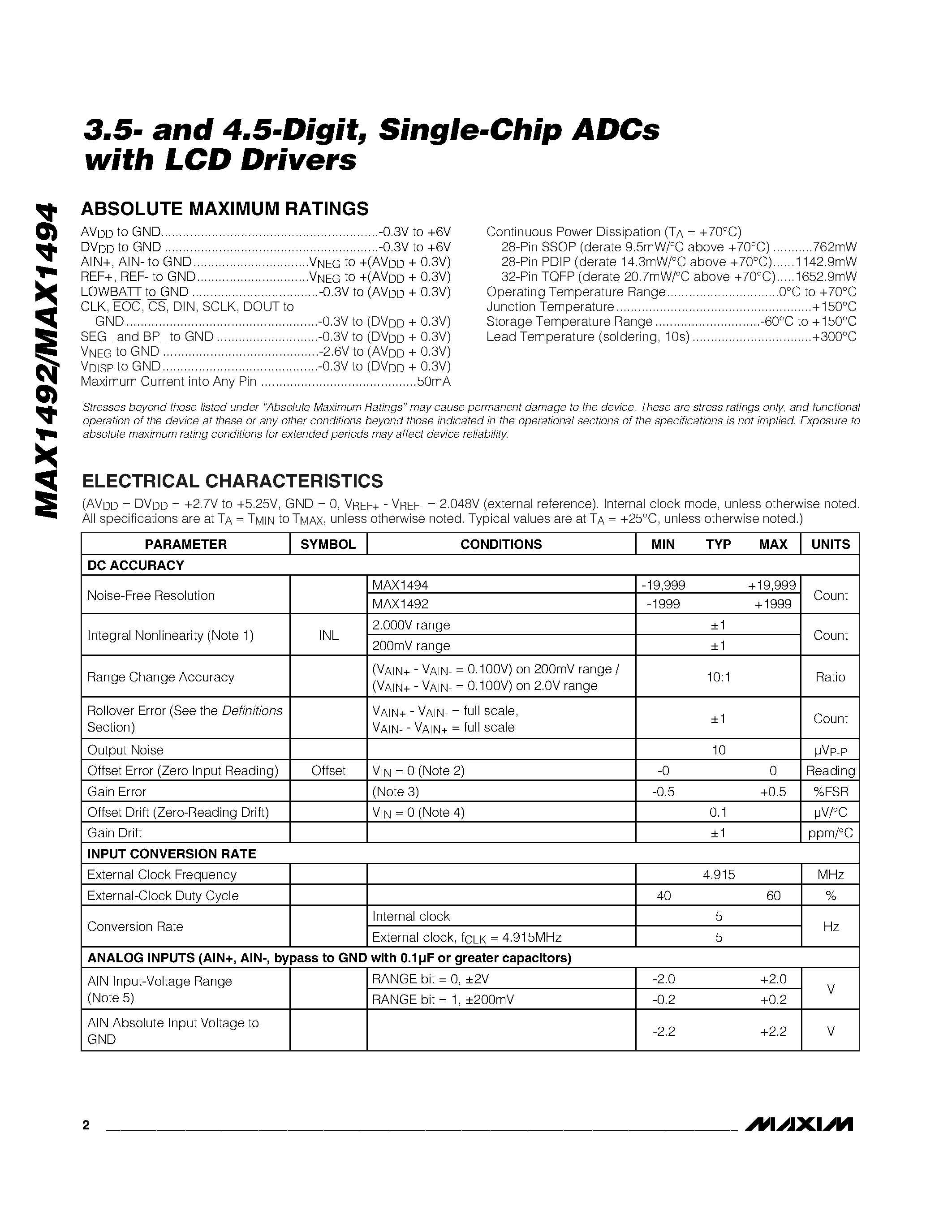 Даташит MAX1492 - 3.5- and 4.5-Digit / Single-Chip ADCs with LCD Drivers страница 2