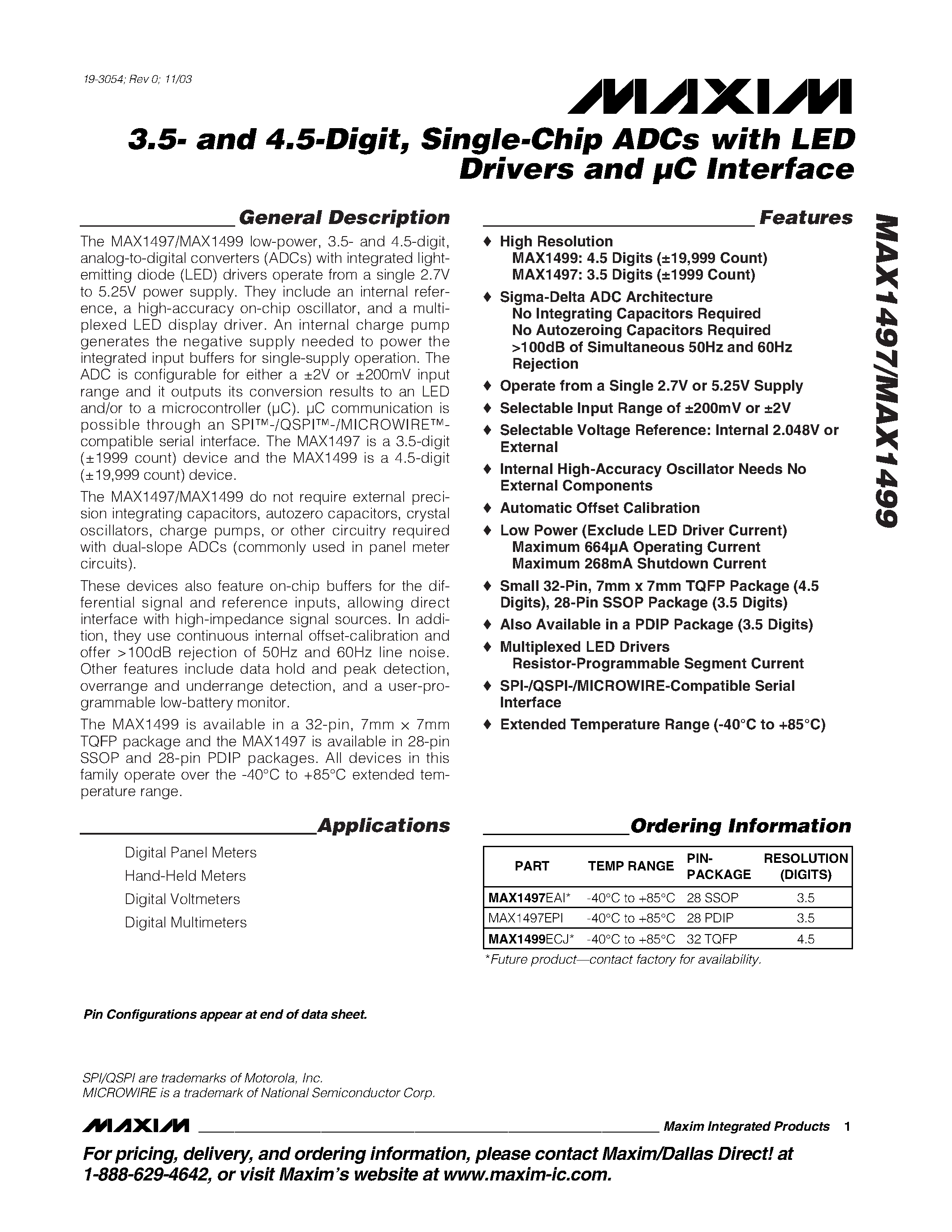 Datasheet MAX1497 - 3.5- and 4.5-Digit / Single-Chip ADCs with LED Drivers and C Interface page 1