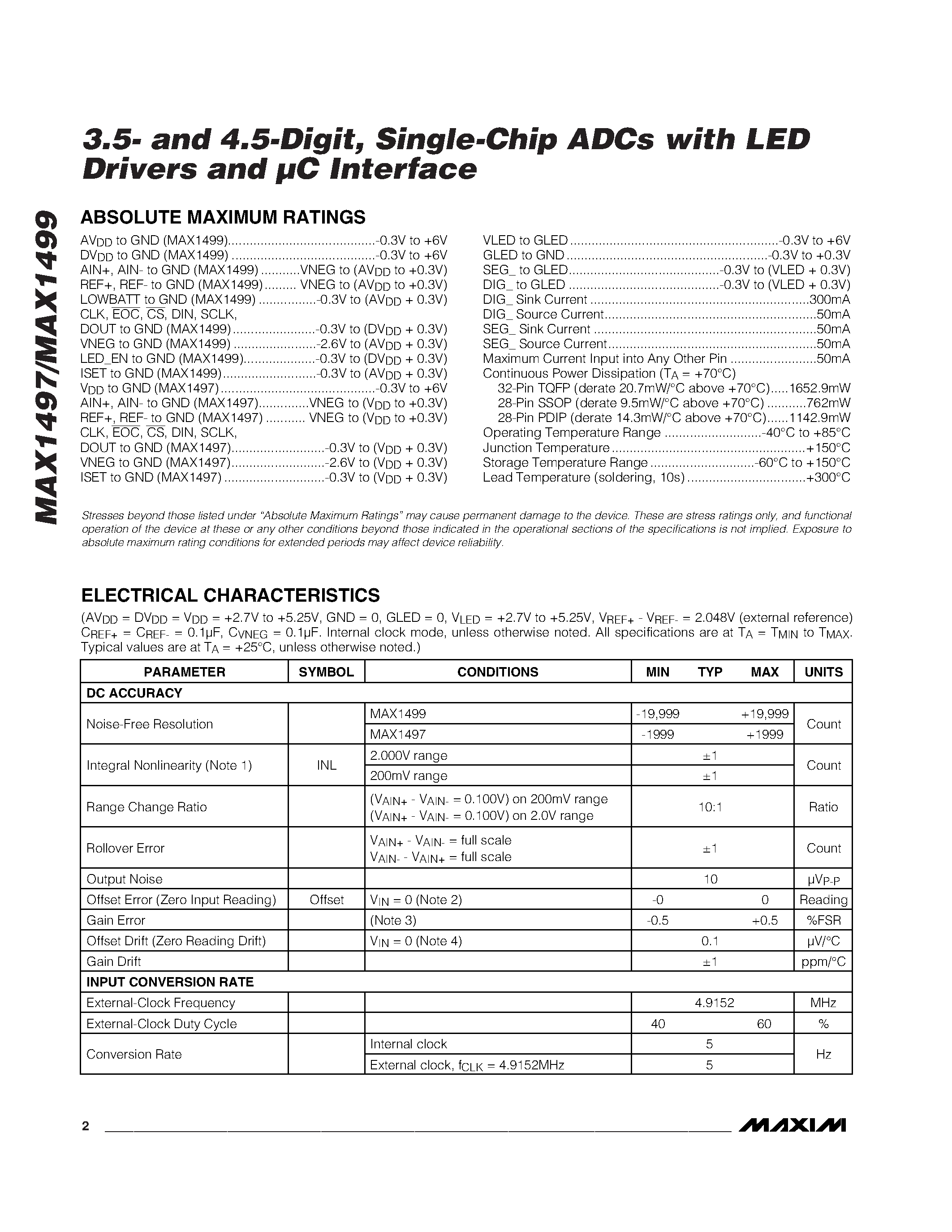 Datasheet MAX1497 - 3.5- and 4.5-Digit / Single-Chip ADCs with LED Drivers and C Interface page 2