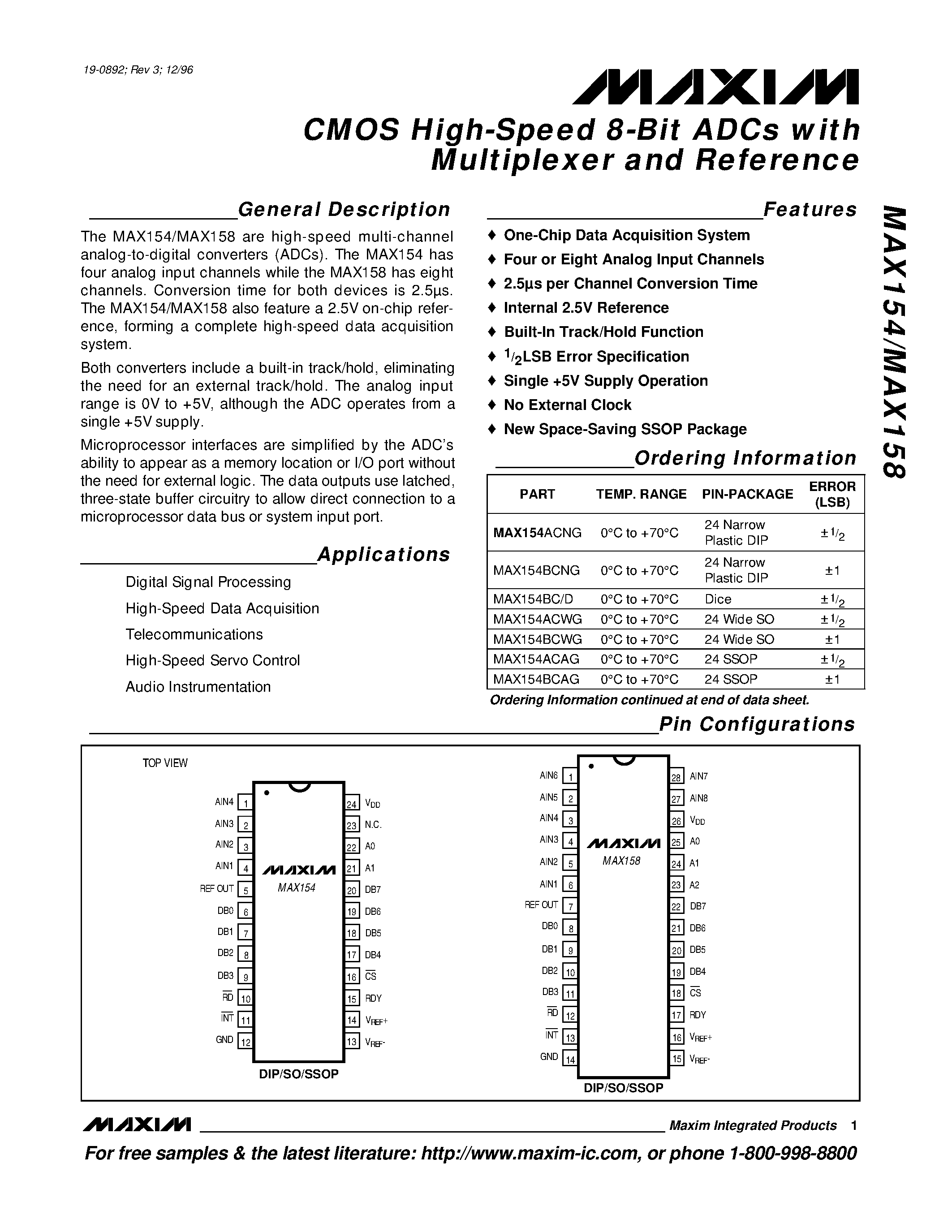 Даташит MAX154 - CMOS High-Speed 8-Bit ADCs with Multiplexer and Reference страница 1