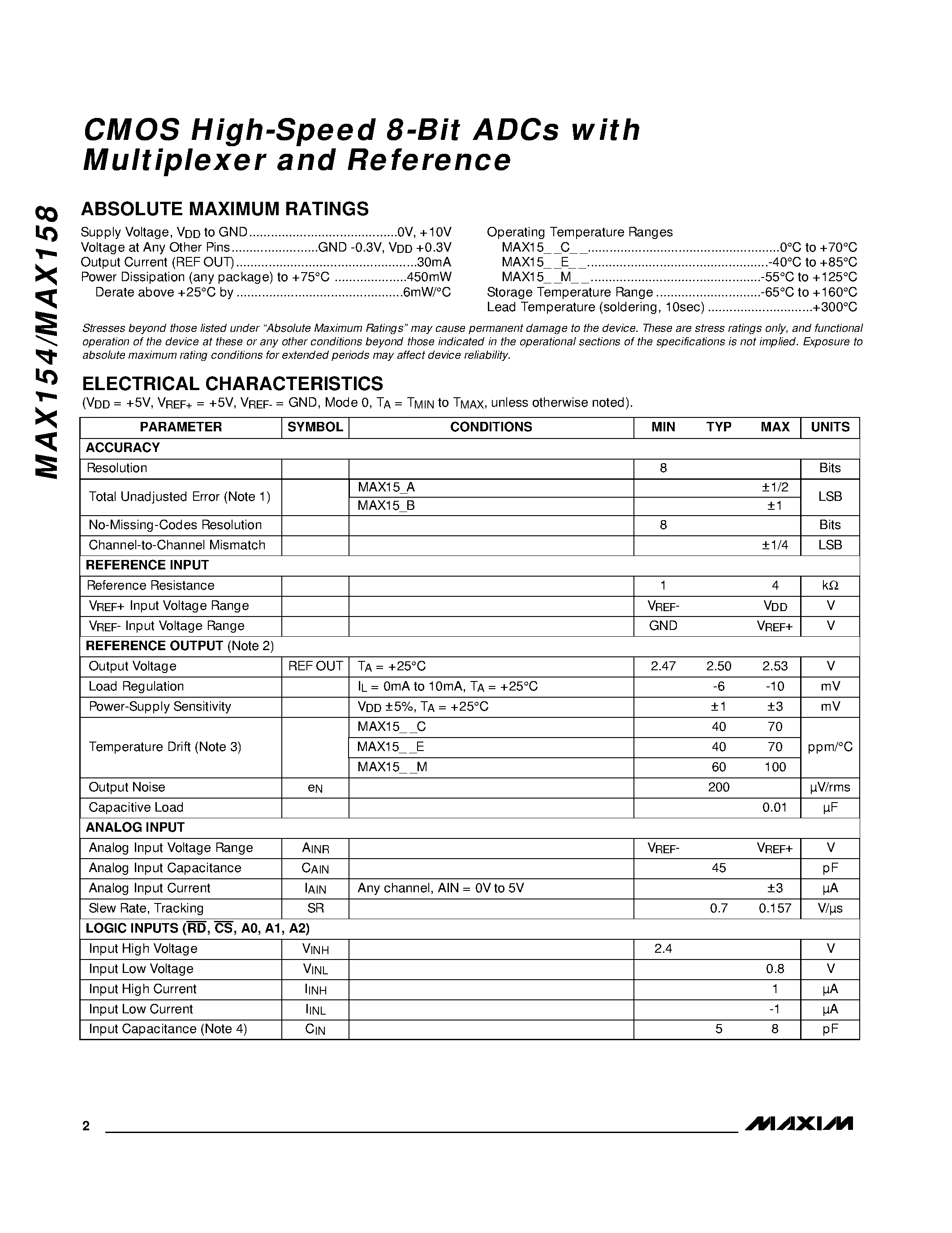 Даташит MAX154 - CMOS High-Speed 8-Bit ADCs with Multiplexer and Reference страница 2