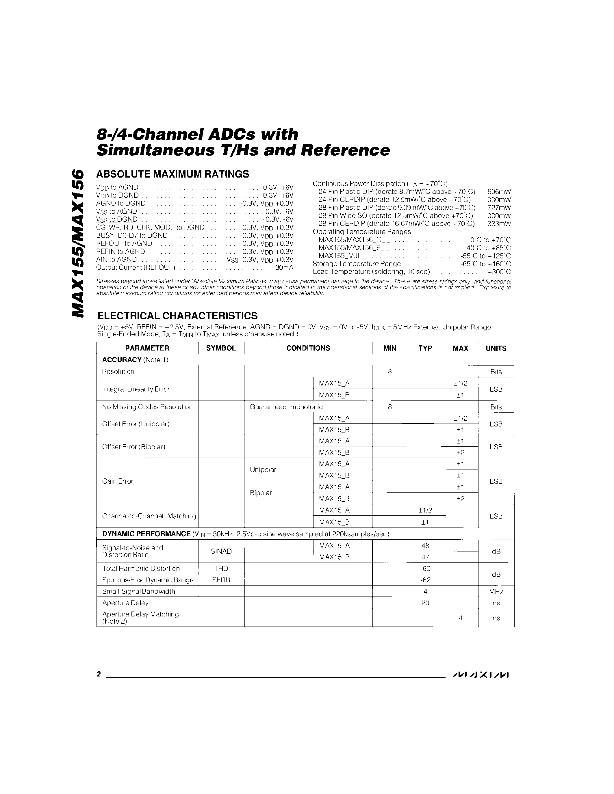 Даташит MAX155AEPI - 8-/4-Channel ADCs with Simultaneous T/Hs and Reference страница 2