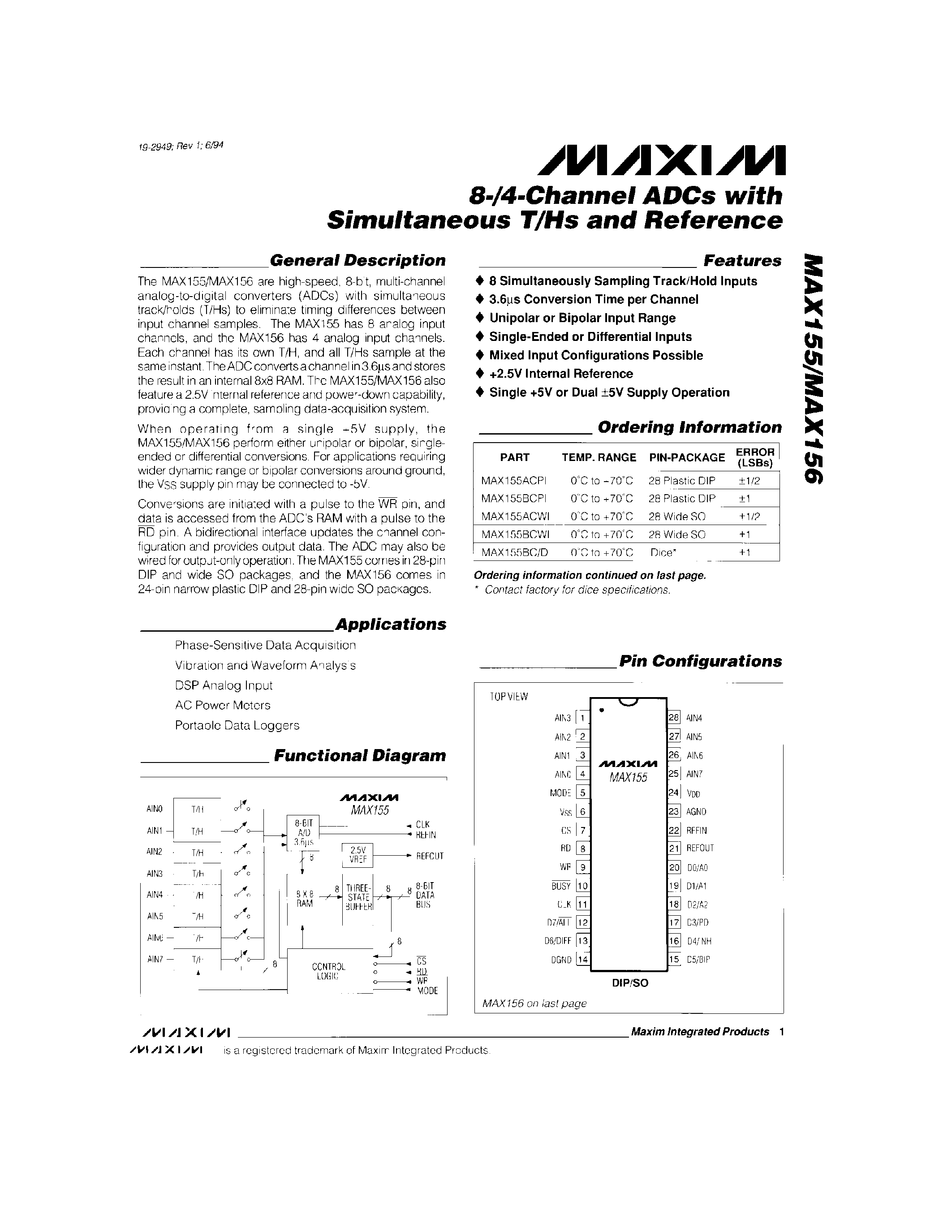 Datasheet MAX155BC/D - 8-/4-Channel ADCs with Simultaneous T/Hs and Reference page 1