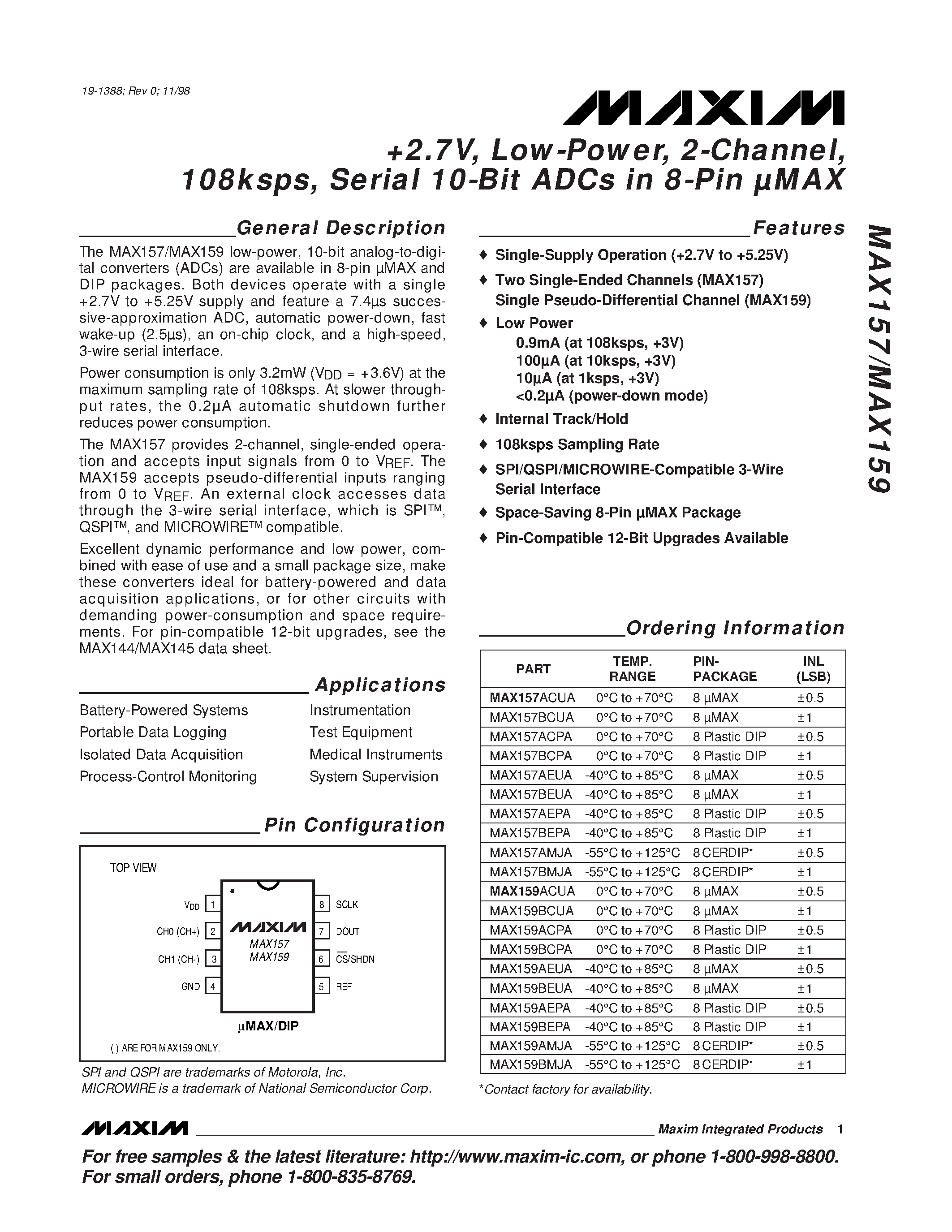 Даташит MAX159 - +2.7V / Low-Power / 2-Channel / 108ksps / Serial 10-Bit ADCs in 8-Pin UMAX страница 1