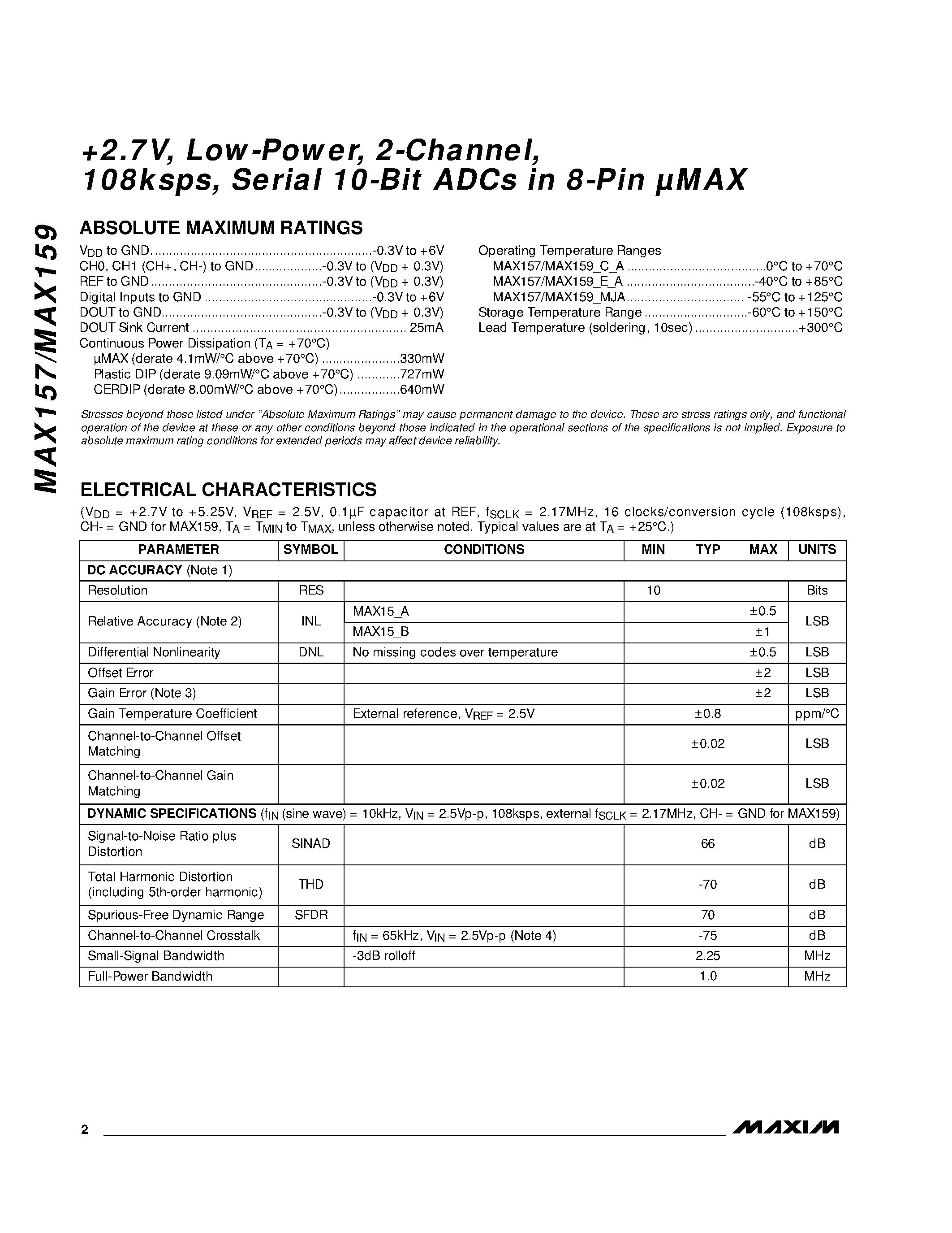 Даташит MAX159 - +2.7V / Low-Power / 2-Channel / 108ksps / Serial 10-Bit ADCs in 8-Pin UMAX страница 2