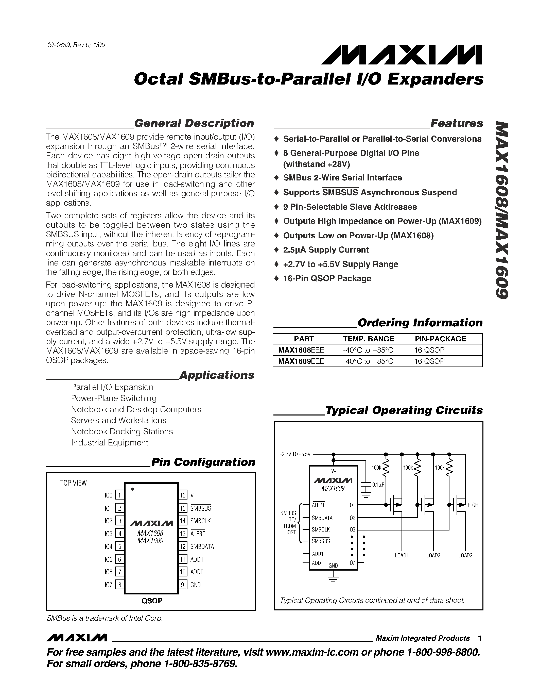 Datasheet MAX1608-MAX1609 - Octal SMBus-to-Parallel I/O Expanders page 1