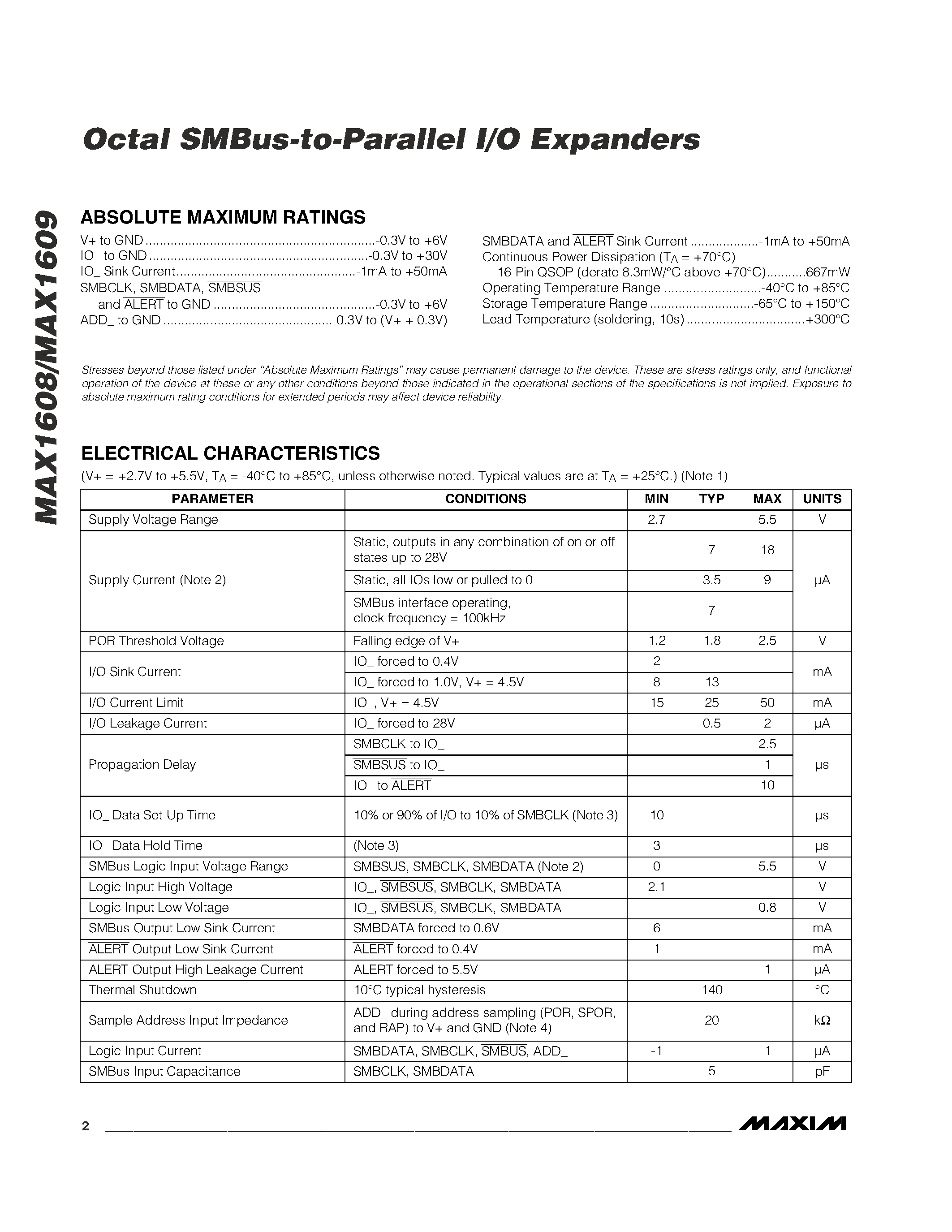 Datasheet MAX1608-MAX1609 - Octal SMBus-to-Parallel I/O Expanders page 2