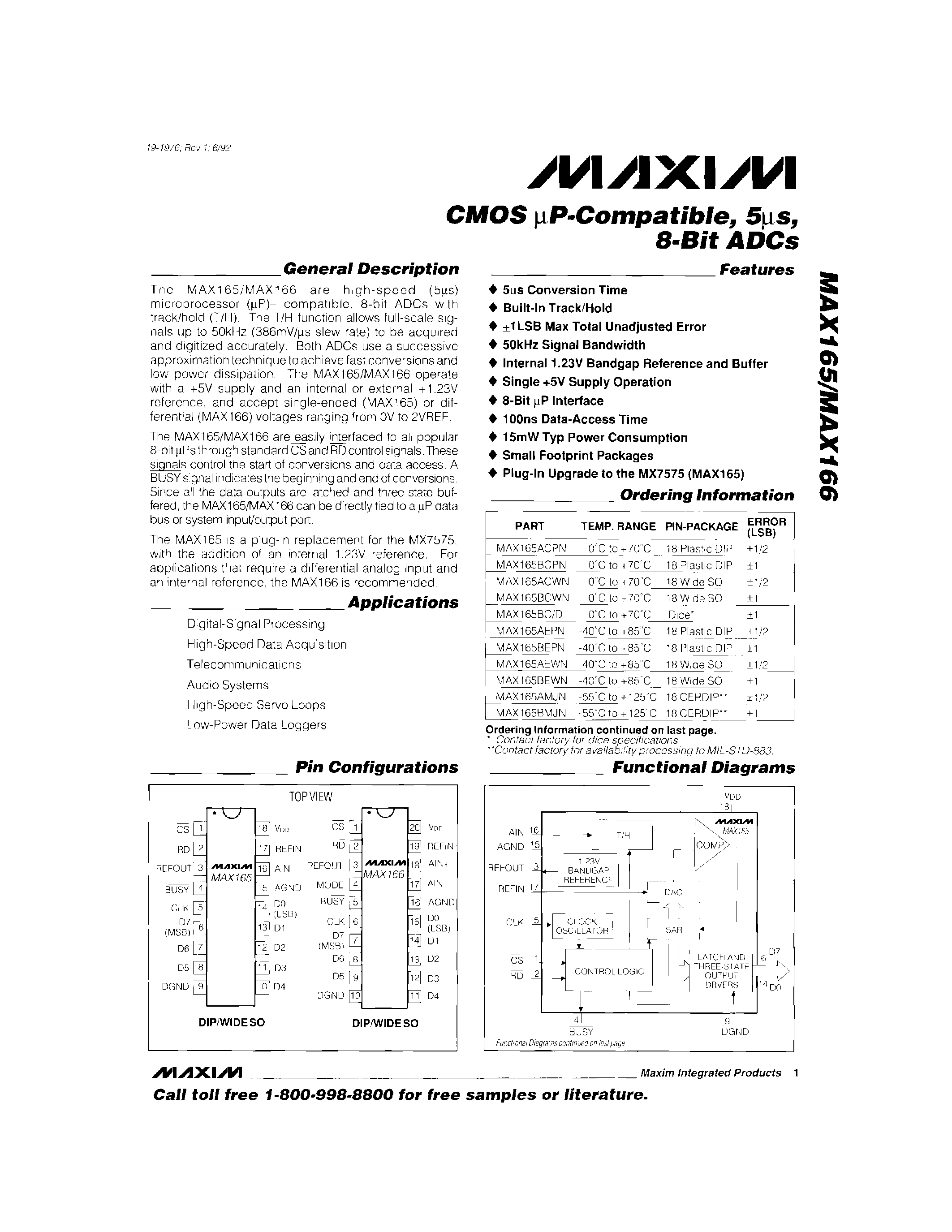 Datasheet MAX165 - CMOS P-Compatible / 5s / 8-Bit ADCs page 1