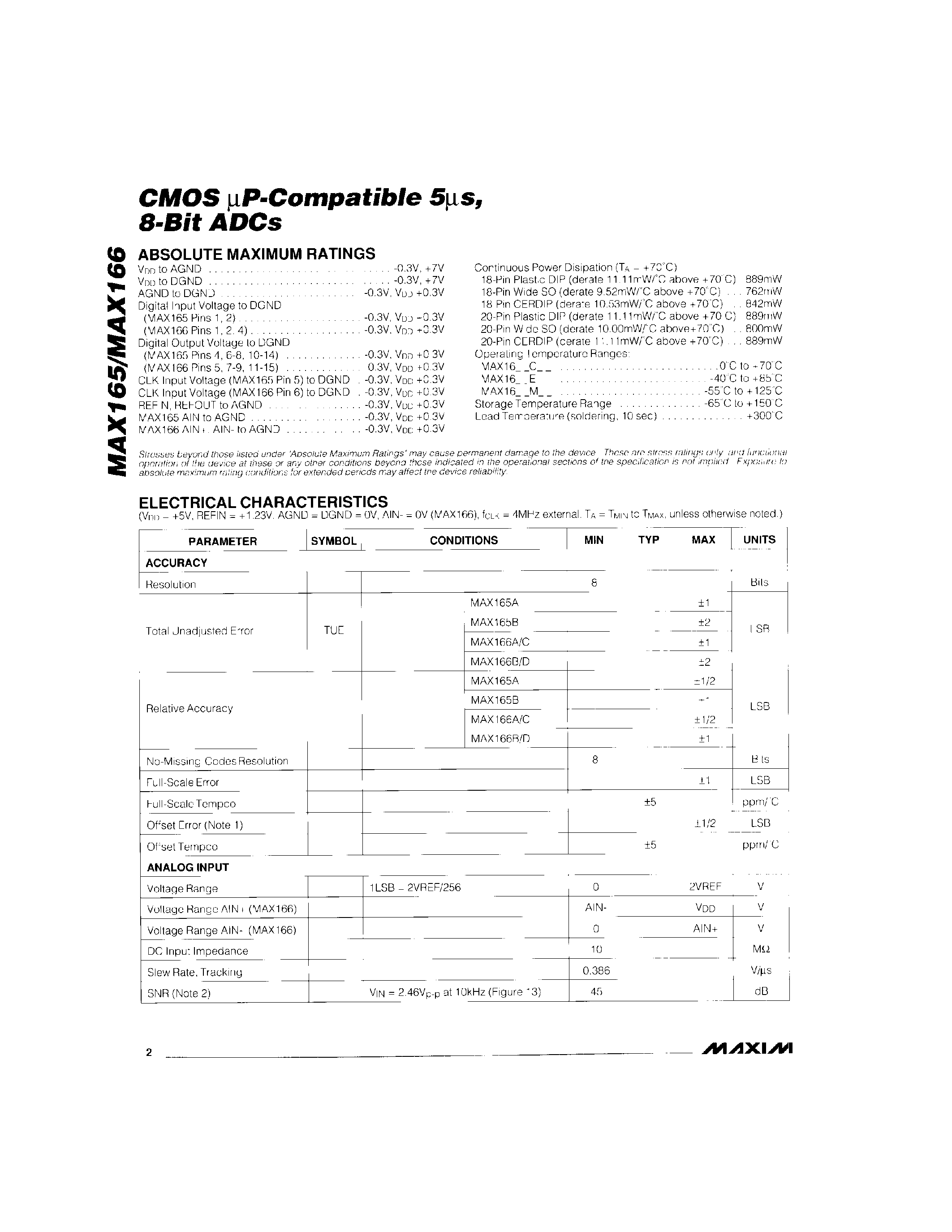 Datasheet MAX165 - CMOS P-Compatible / 5s / 8-Bit ADCs page 2