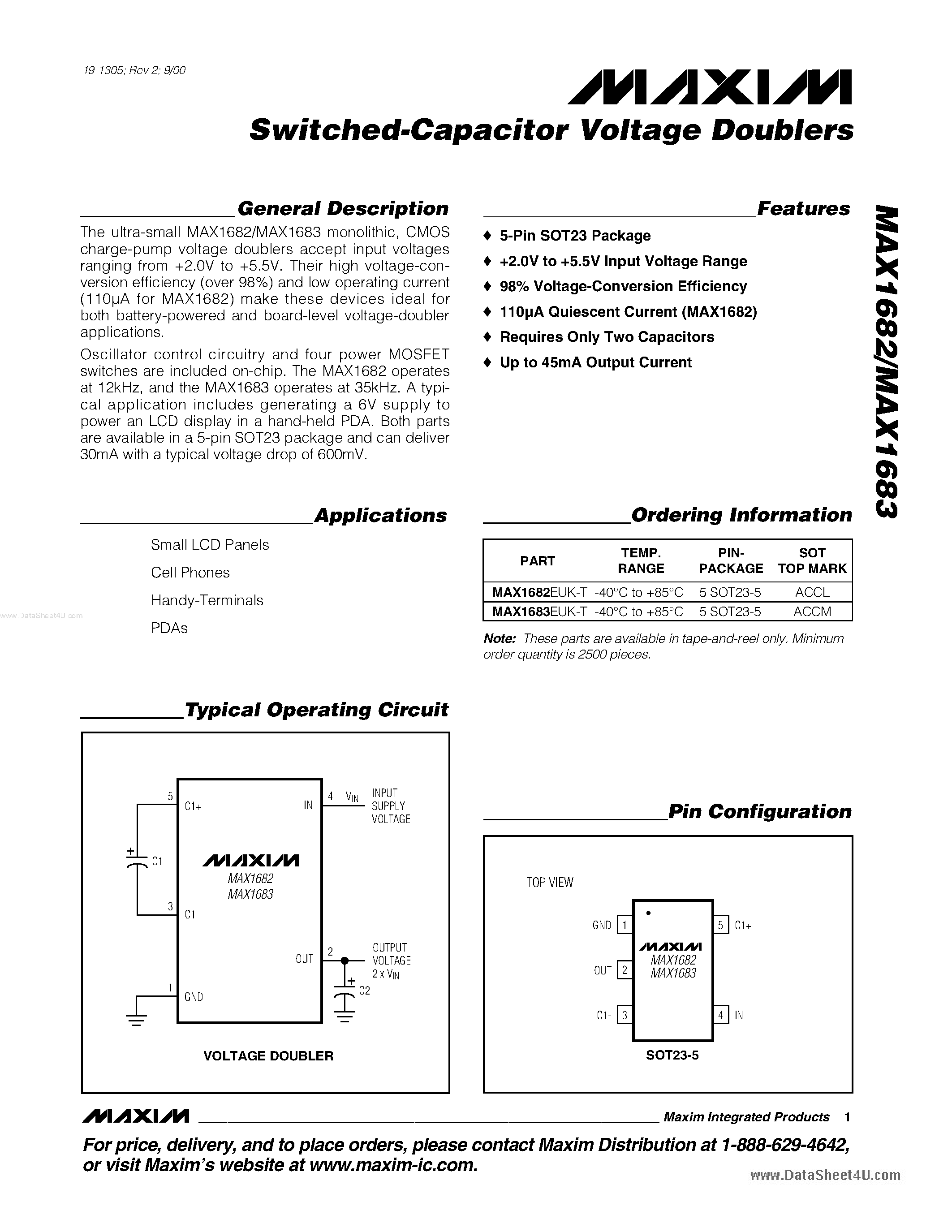 Datasheet MAX1683C/D - Switched-Capacitor Voltage Doublers page 1