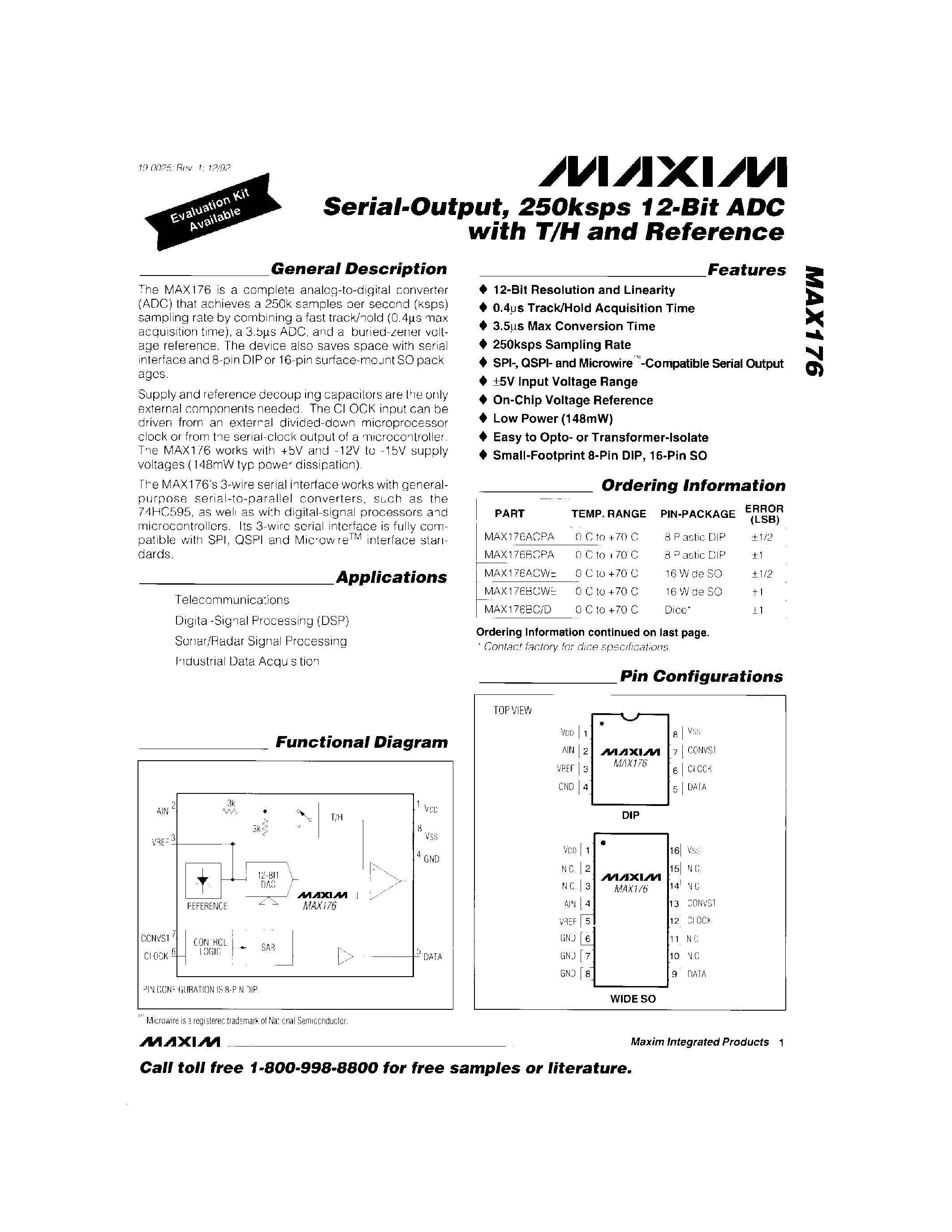 Даташит MAX176 - Serial-Output / 250Ksps 12-Bit ADC with T/H and Refernce страница 1