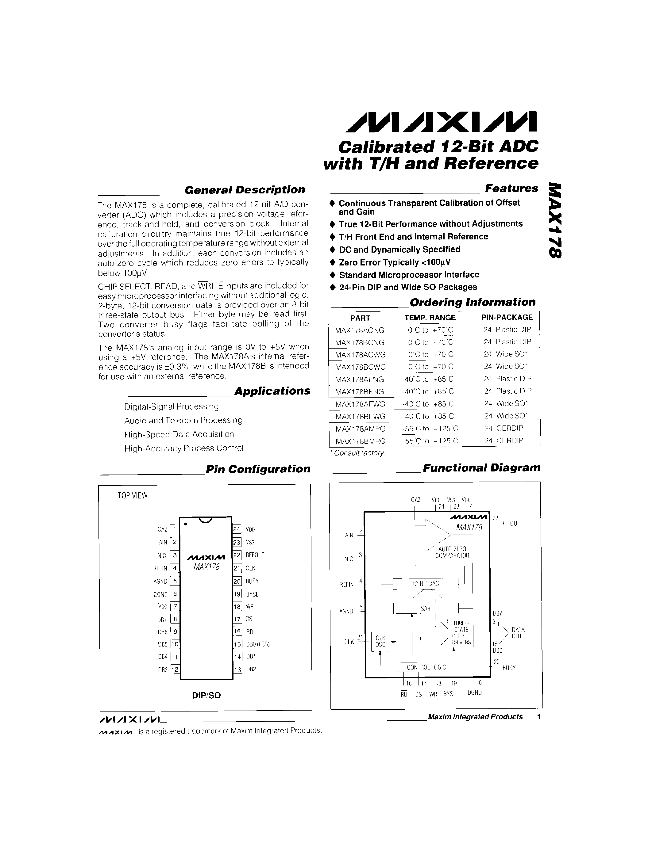 Даташит MAX178 - Calibrated 12-Bit ADC with T/H and Reference страница 1