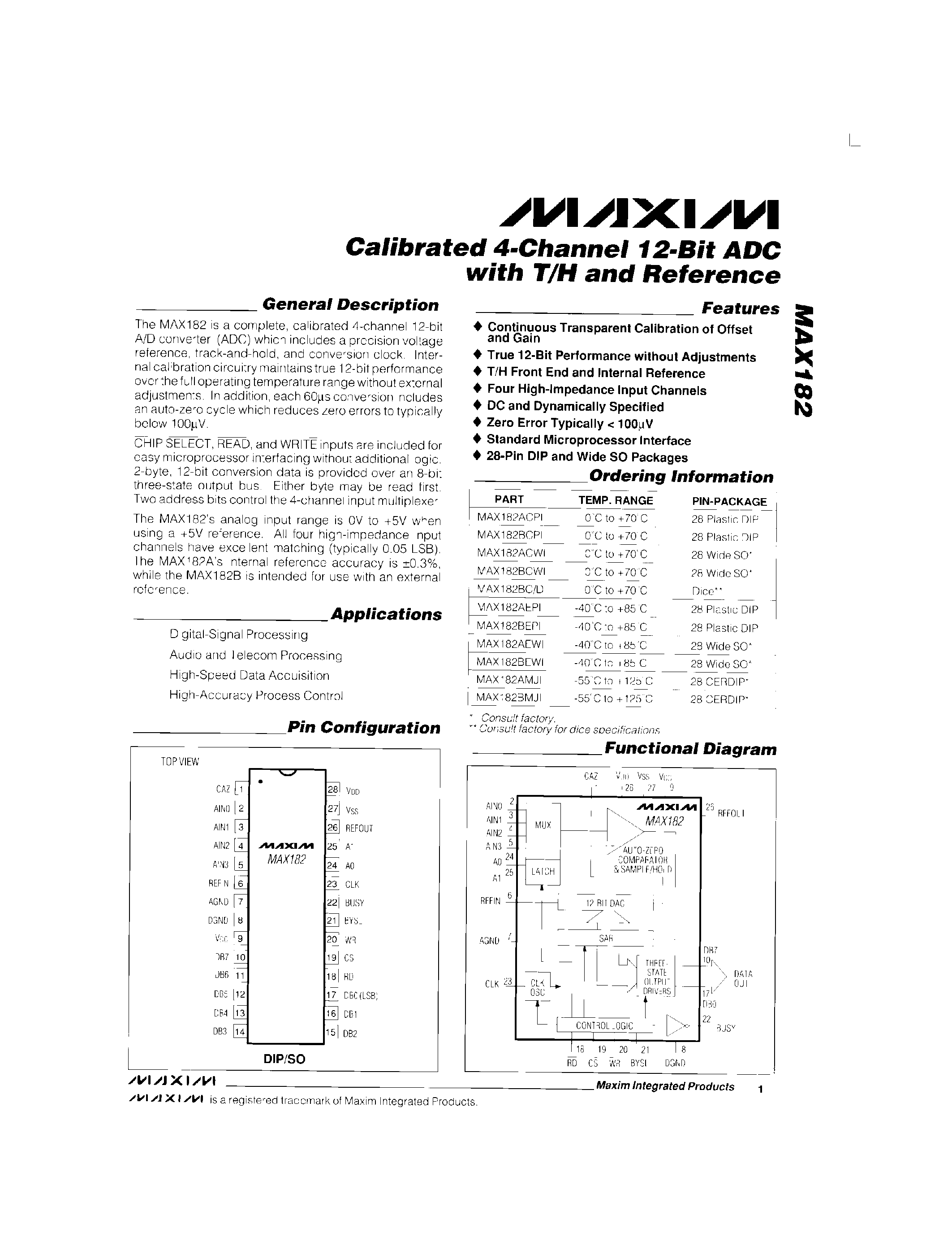 Даташит MAX182 - Calivrated 4-Channel 12-Bit ADC with T/H and Refernce страница 1