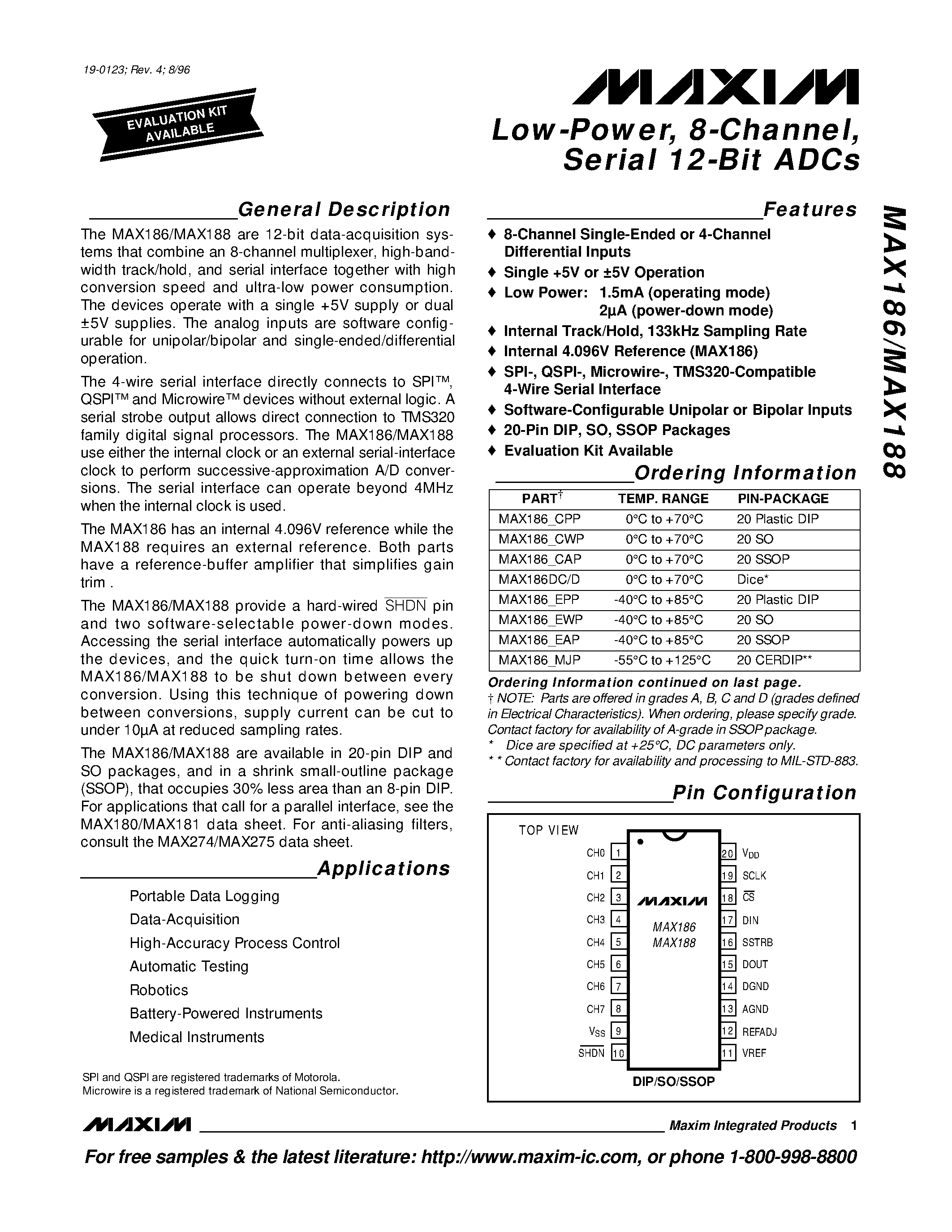 Даташит MAX186 - Low-Power / 8-Channel / Serial 12-Bit ADCs страница 1