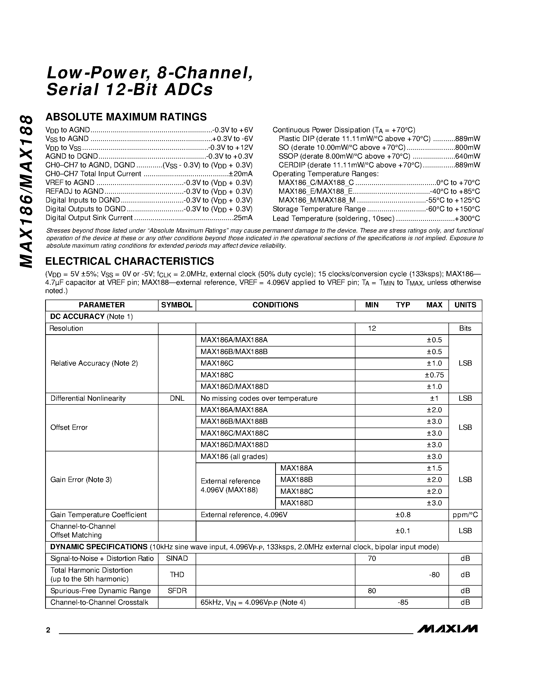 Даташит MAX186 - Low-Power / 8-Channel / Serial 12-Bit ADCs страница 2