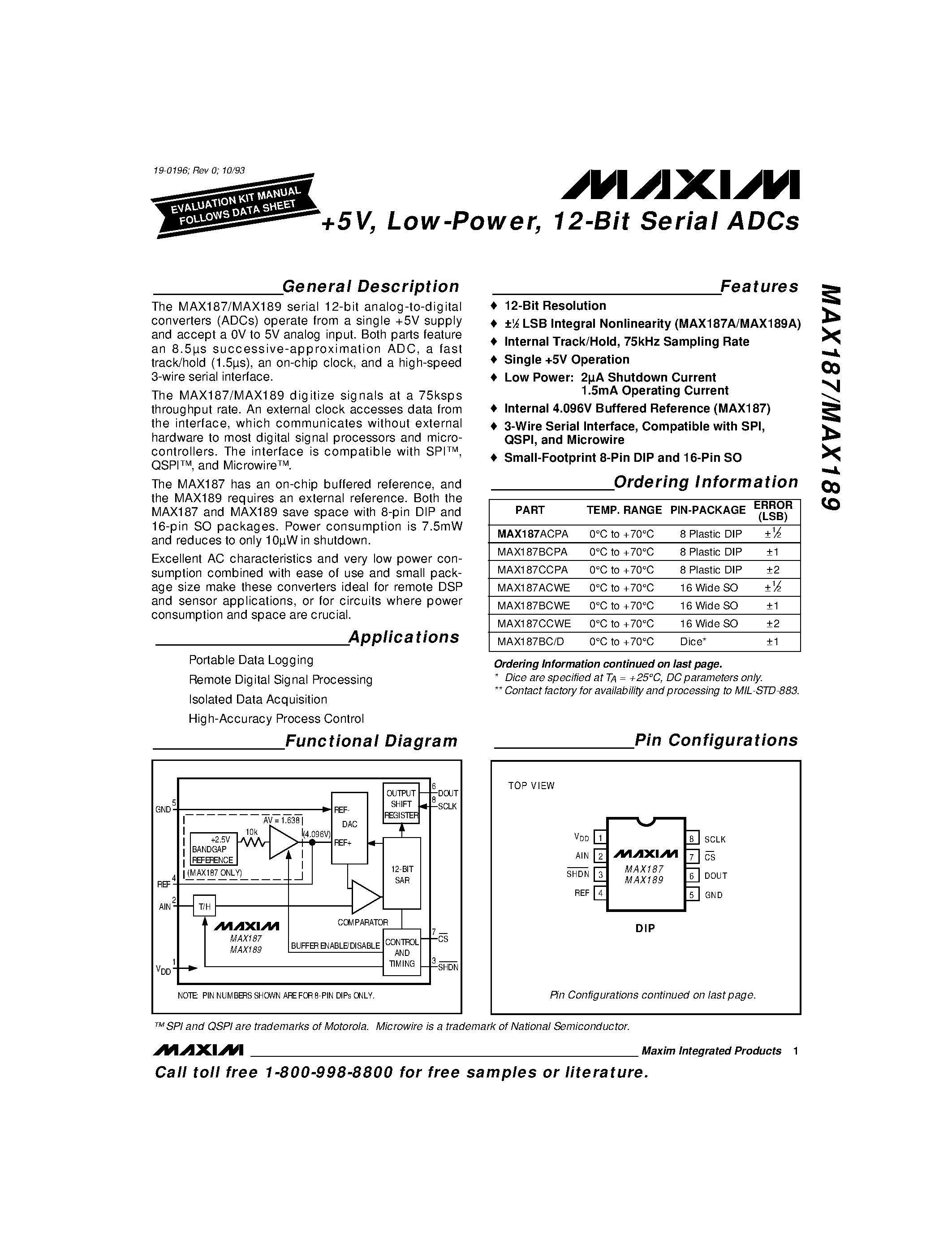 Datasheet MAX187 - +5V / Low-Power / 12-Bit Serial ADCs page 1