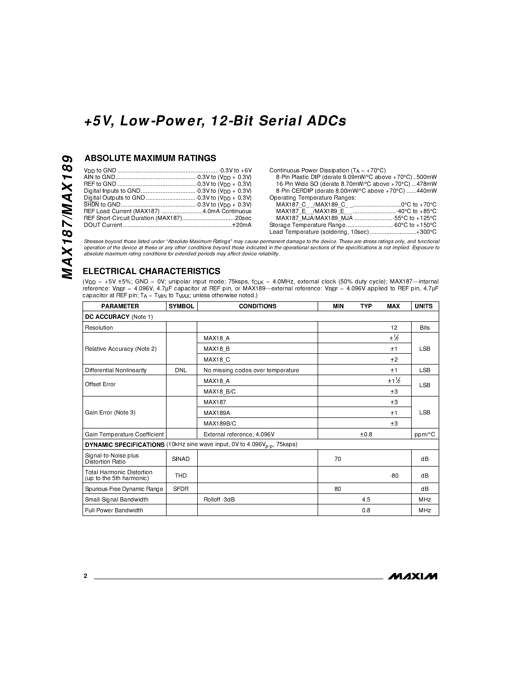 Datasheet MAX187 - +5V / Low-Power / 12-Bit Serial ADCs page 2