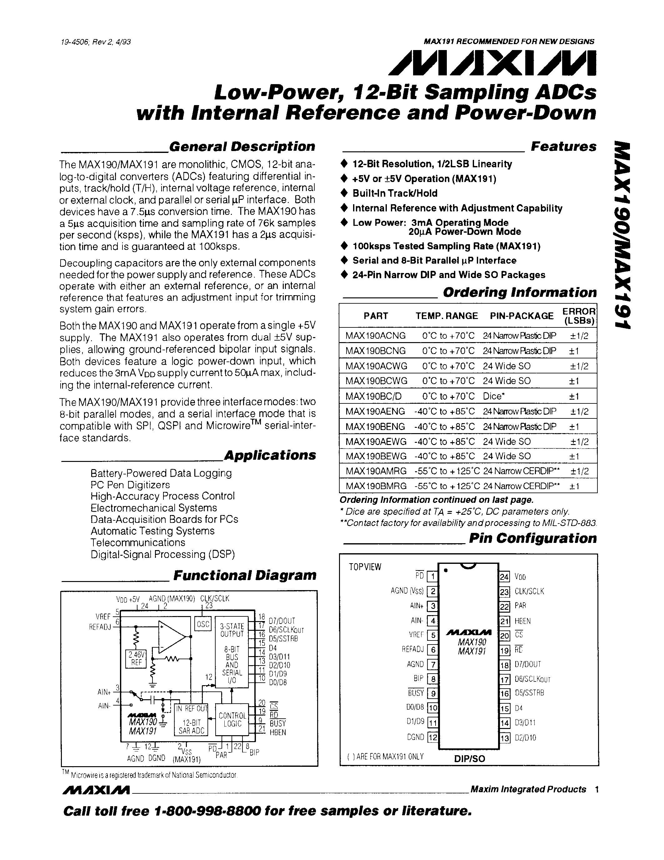 Даташит MAX190AEWG - Low-Power / 12-Bit Sampling ADCs with Internal Reference and Power-Down страница 1