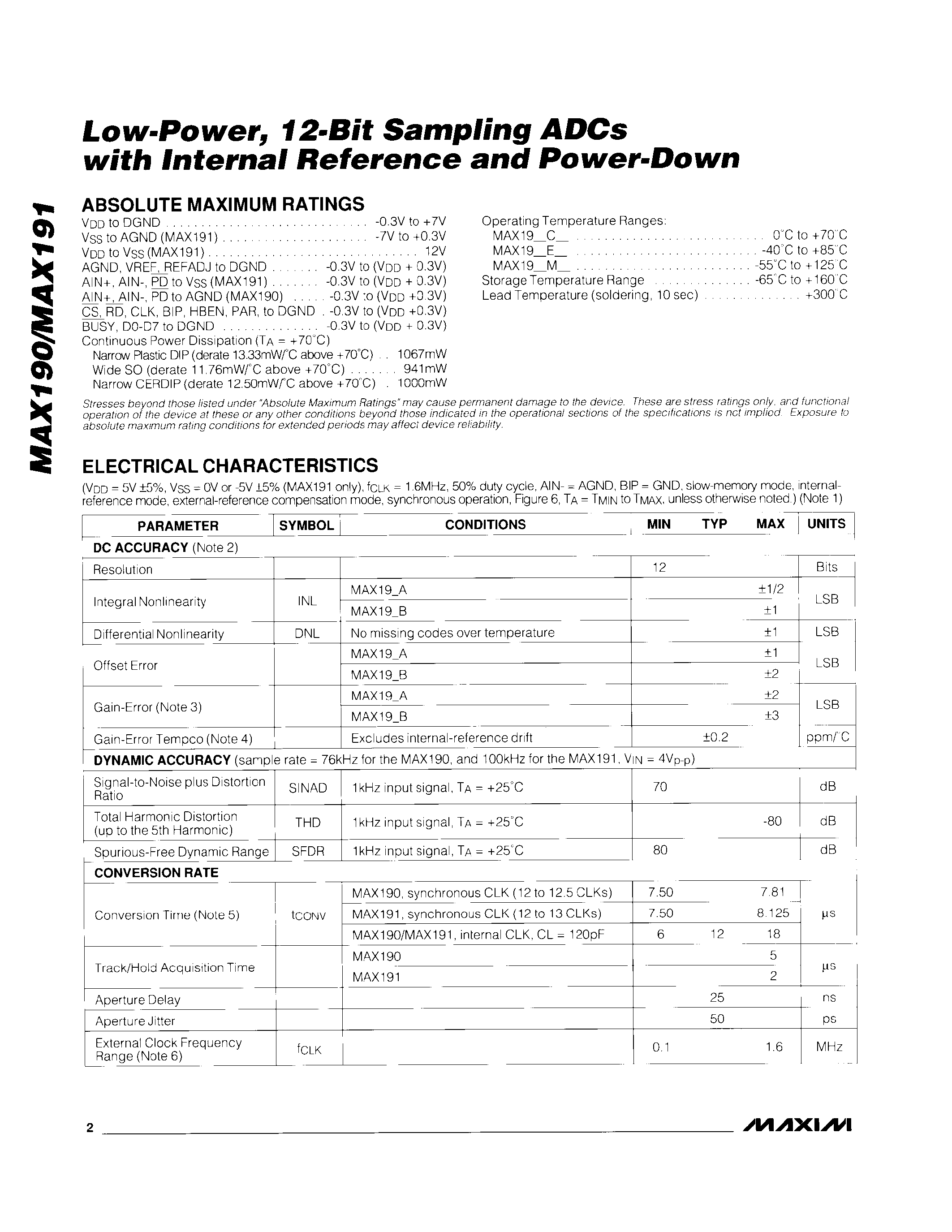 Даташит MAX190AEWG - Low-Power / 12-Bit Sampling ADCs with Internal Reference and Power-Down страница 2