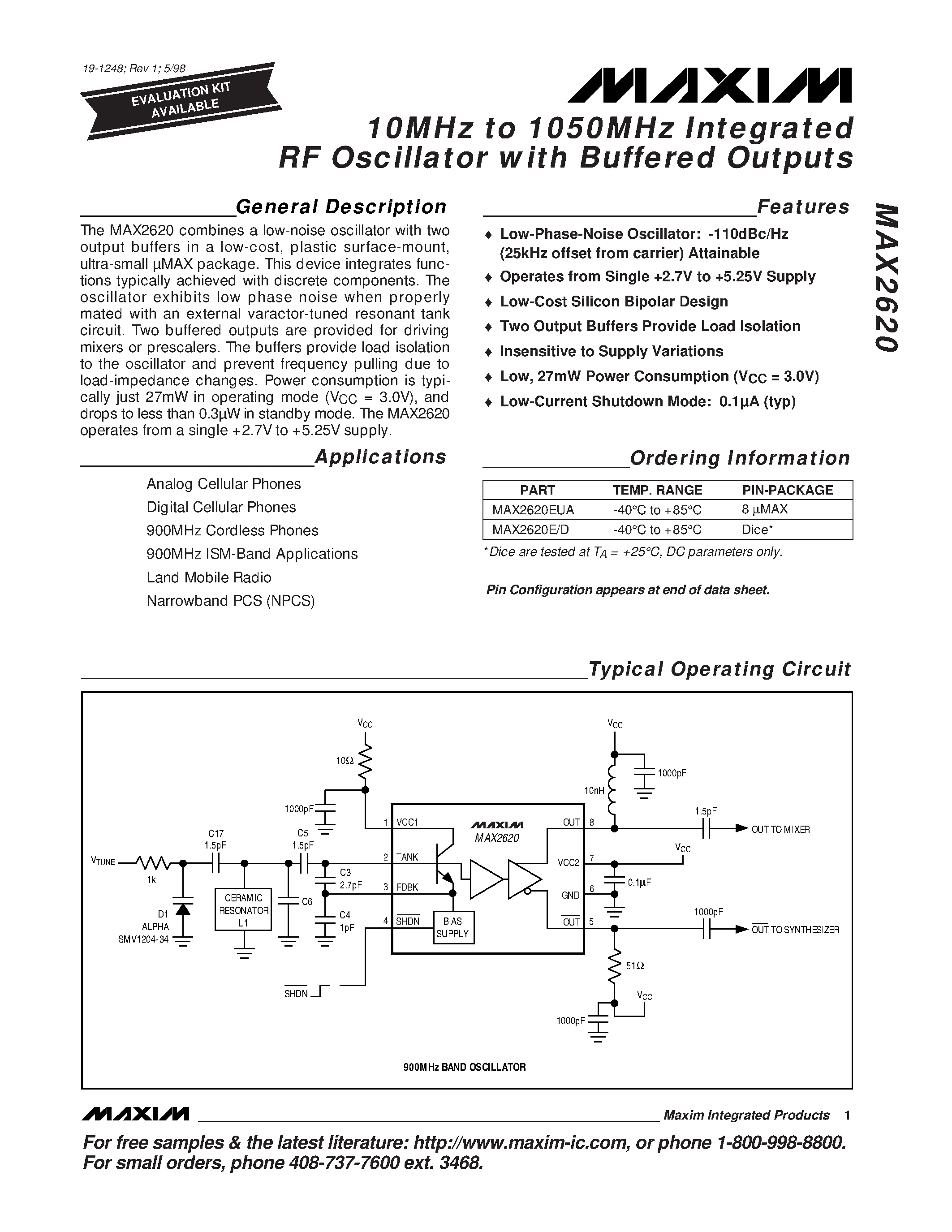 Datasheet MAX2620E/D - 10MHz to 1050MHz Integrated RF Oscillator with Buffered Outputs page 1