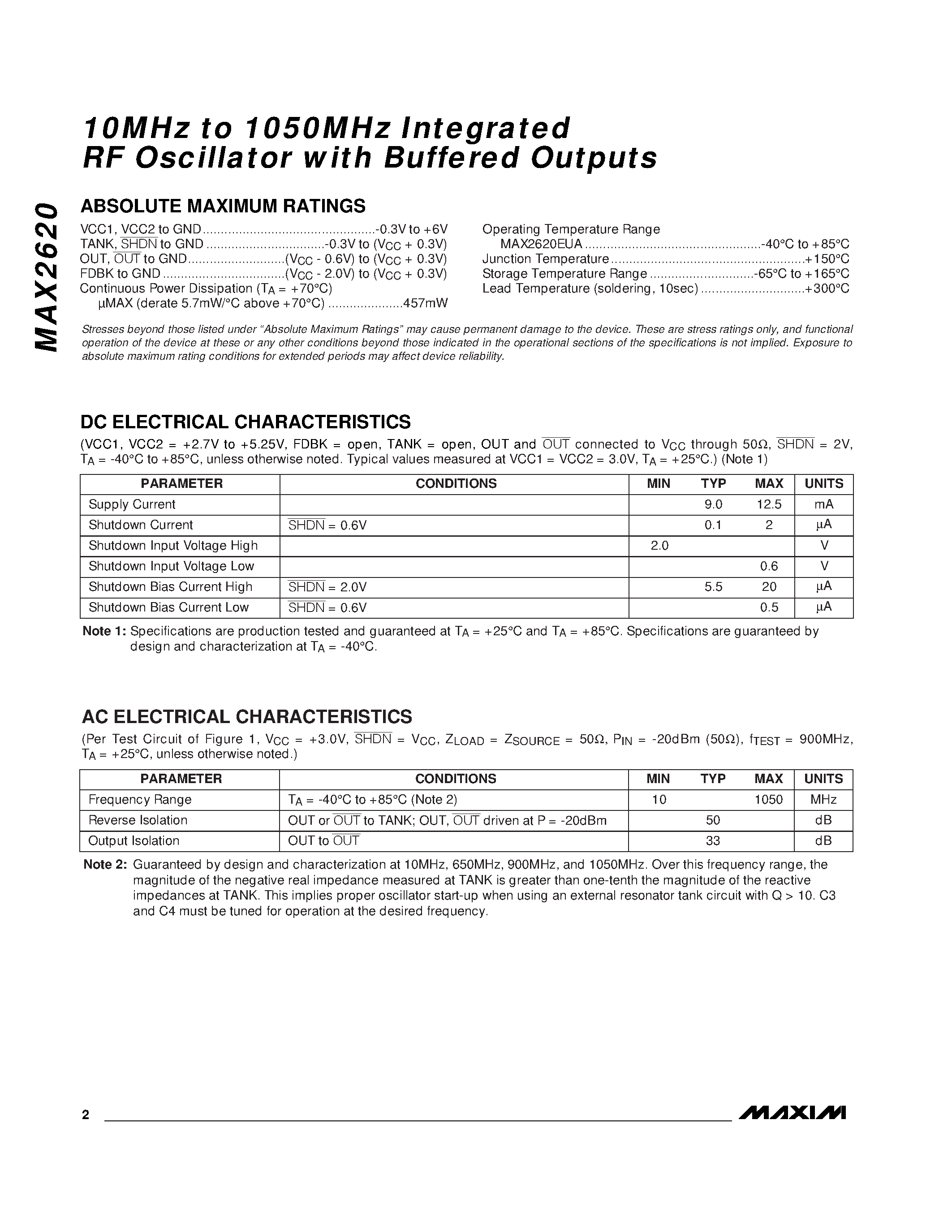 Datasheet MAX2620E/D - 10MHz to 1050MHz Integrated RF Oscillator with Buffered Outputs page 2