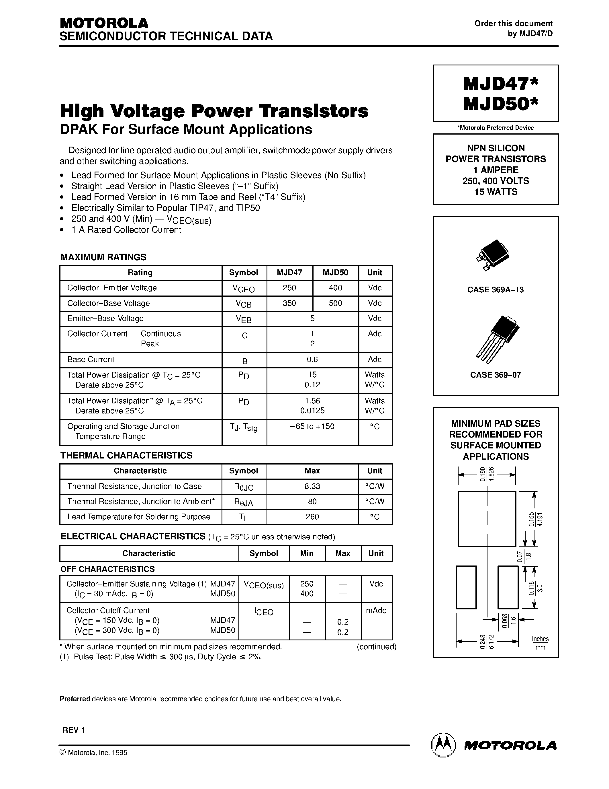 Даташит MJD47-1 - NPN SILICON POWER TRANSISTORS 1 AMPERE 250 / 400 VOLTS 15 WATTS страница 1