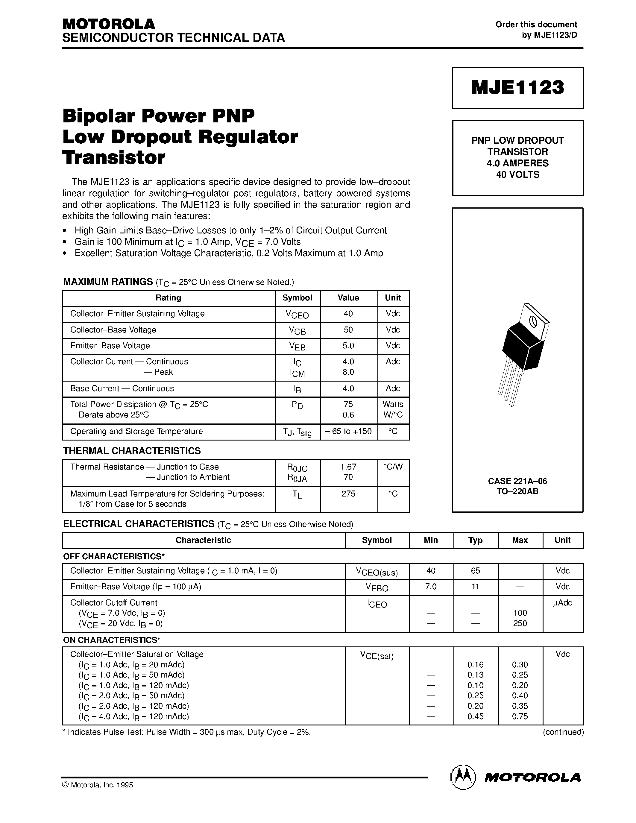 Datasheet MJE1123 - PNP LOW DROPOUT TRANSISTOR 4.0 AMPERES 40 VOLTS page 1