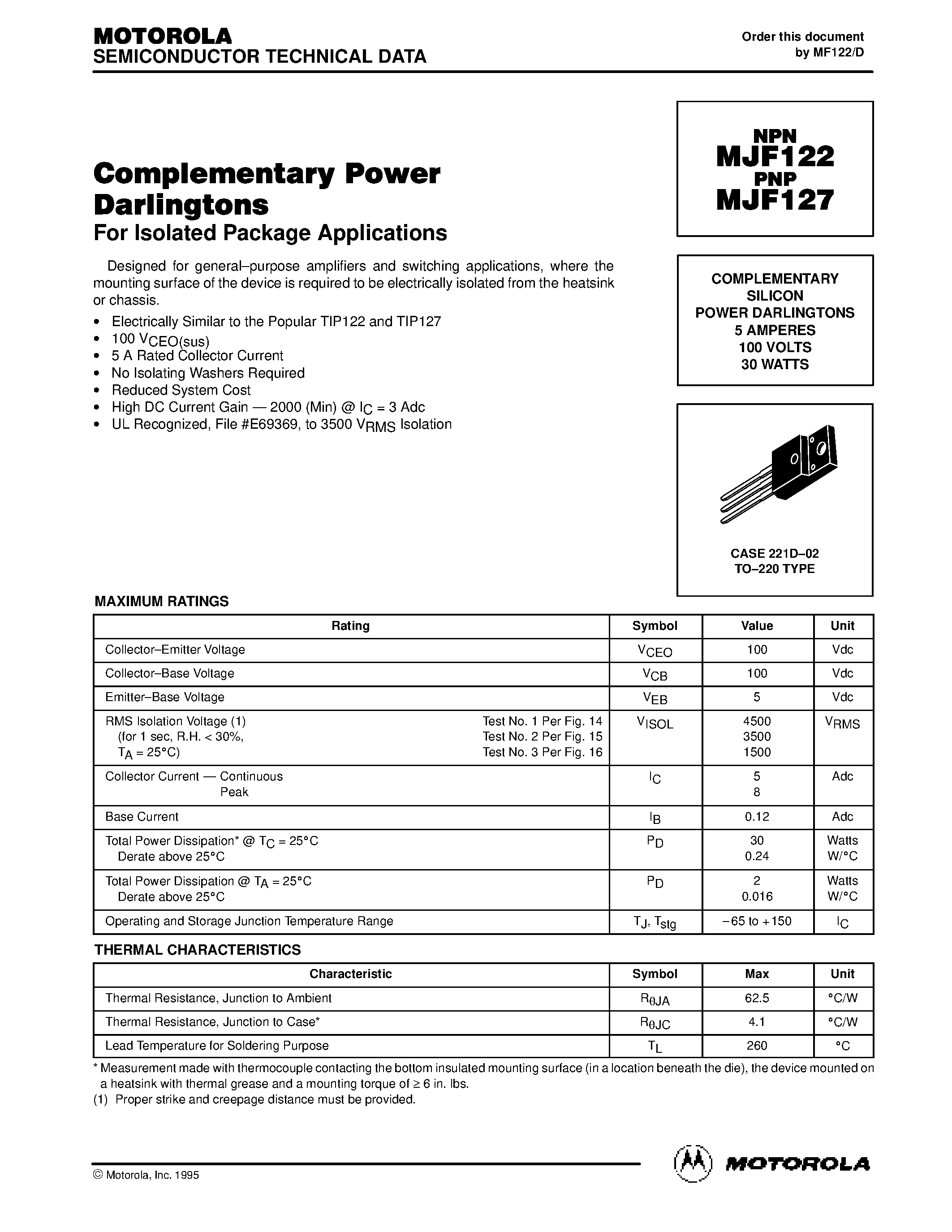 Datasheet MJE122 - COMPLEMENTARY SILICON POWER DARLINGTONS page 1