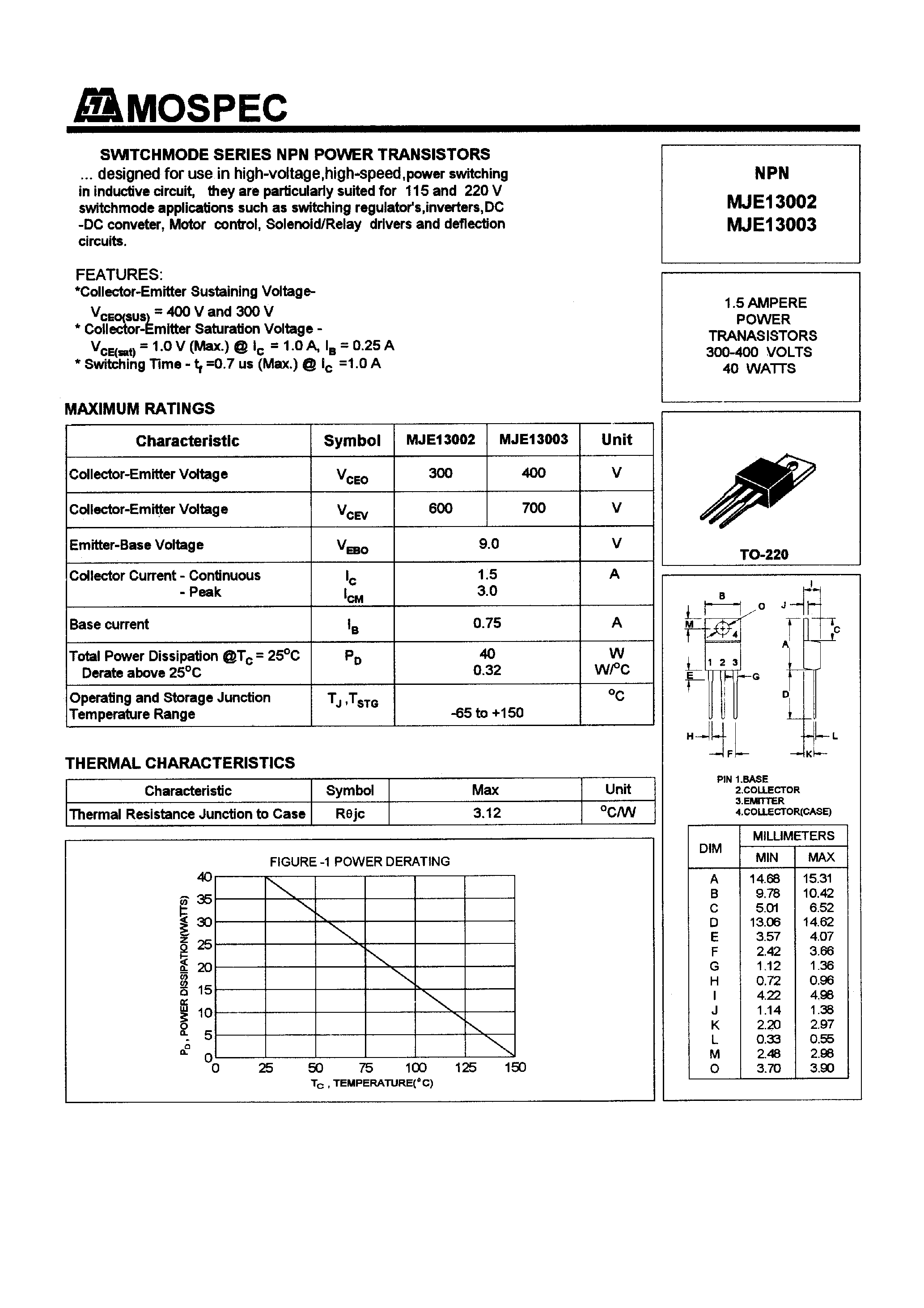 Datasheet MJE13002 - POWER TRANSISTORS(1.5A /300-400V /40W) page 1