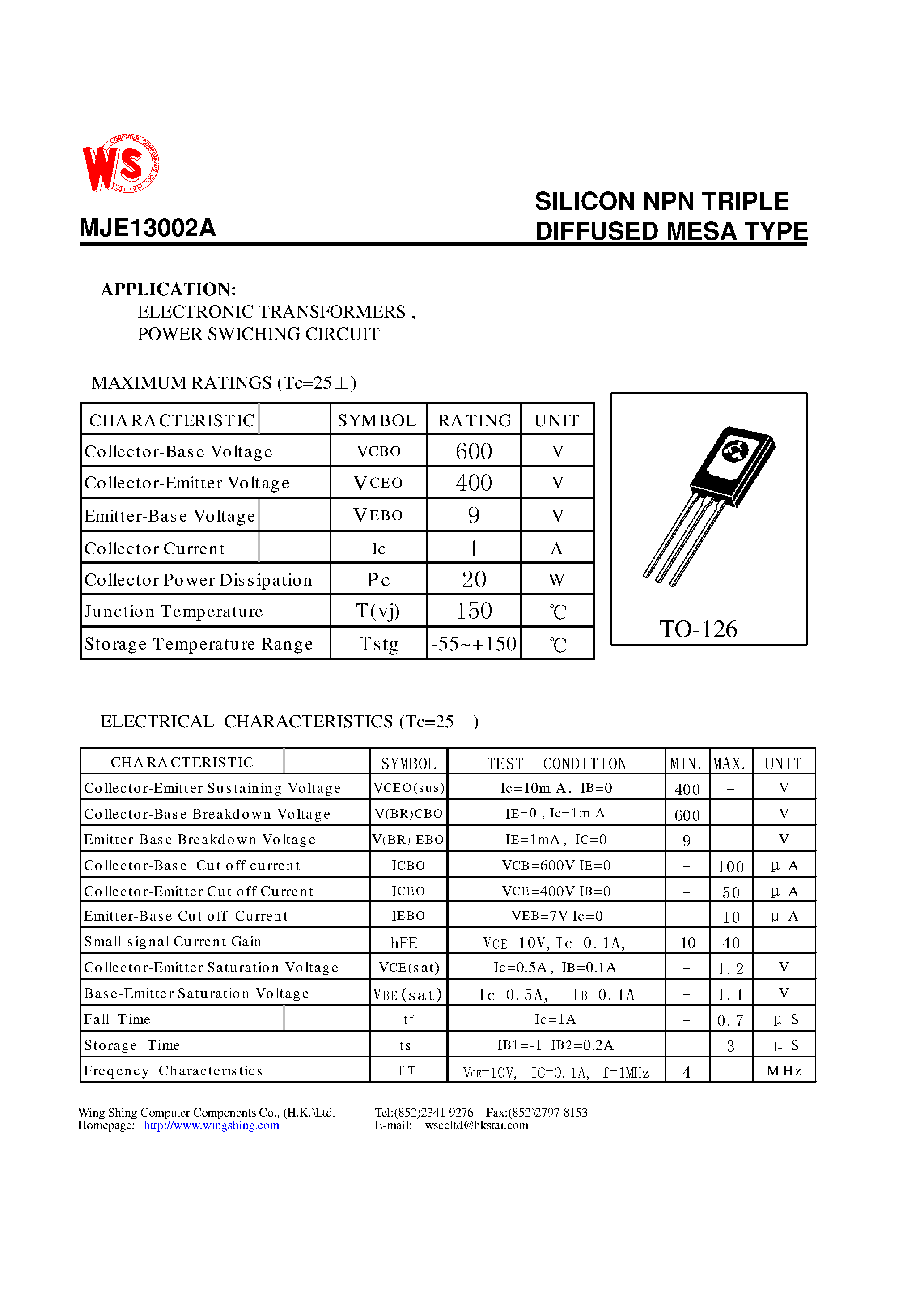 Datasheet MJE13002A - SILICON NPN TRIPLE DIFFUSED MESA TYPE page 1