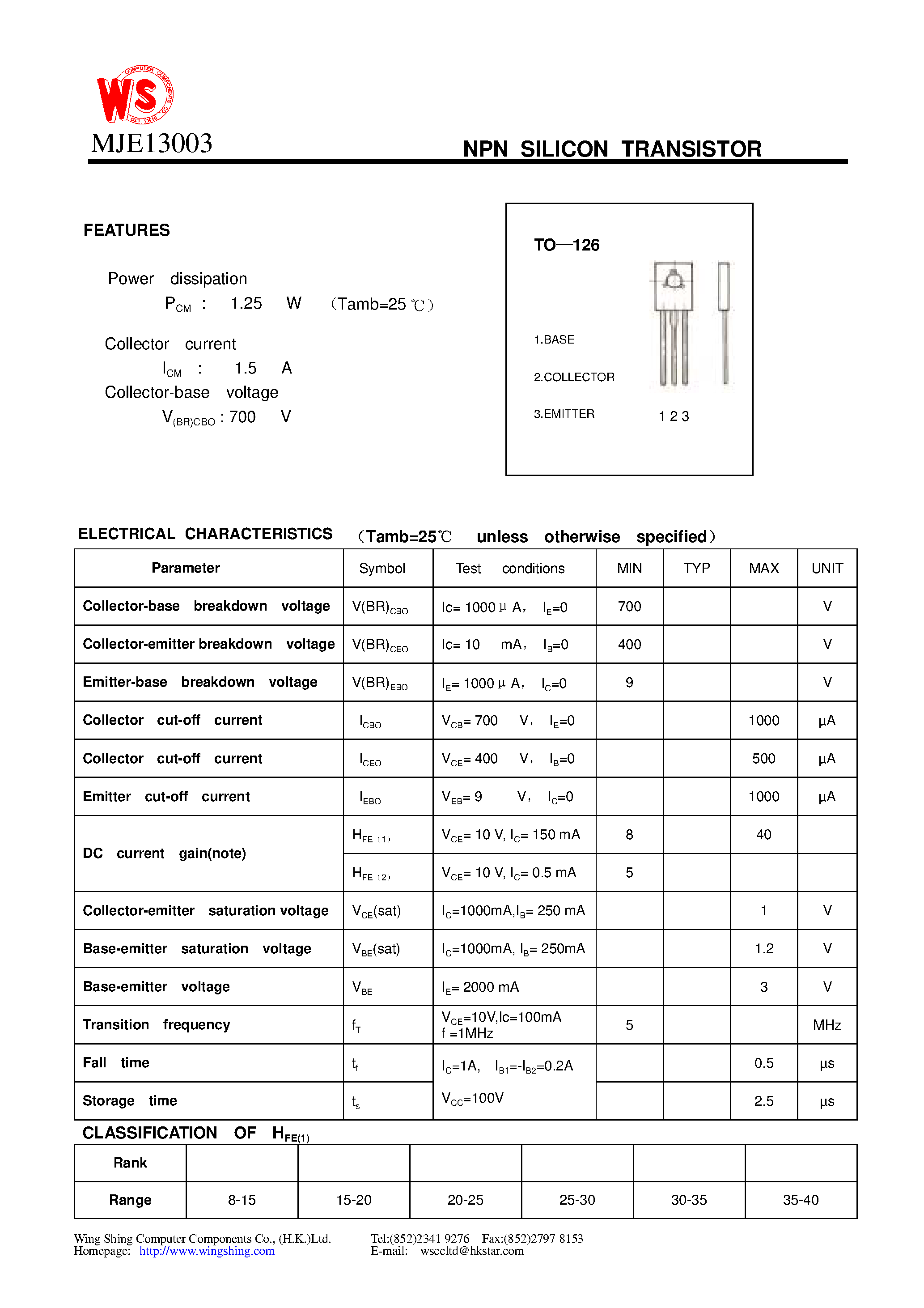 Даташит MJE13003 - NPN SILICON TRANSISTOR страница 1