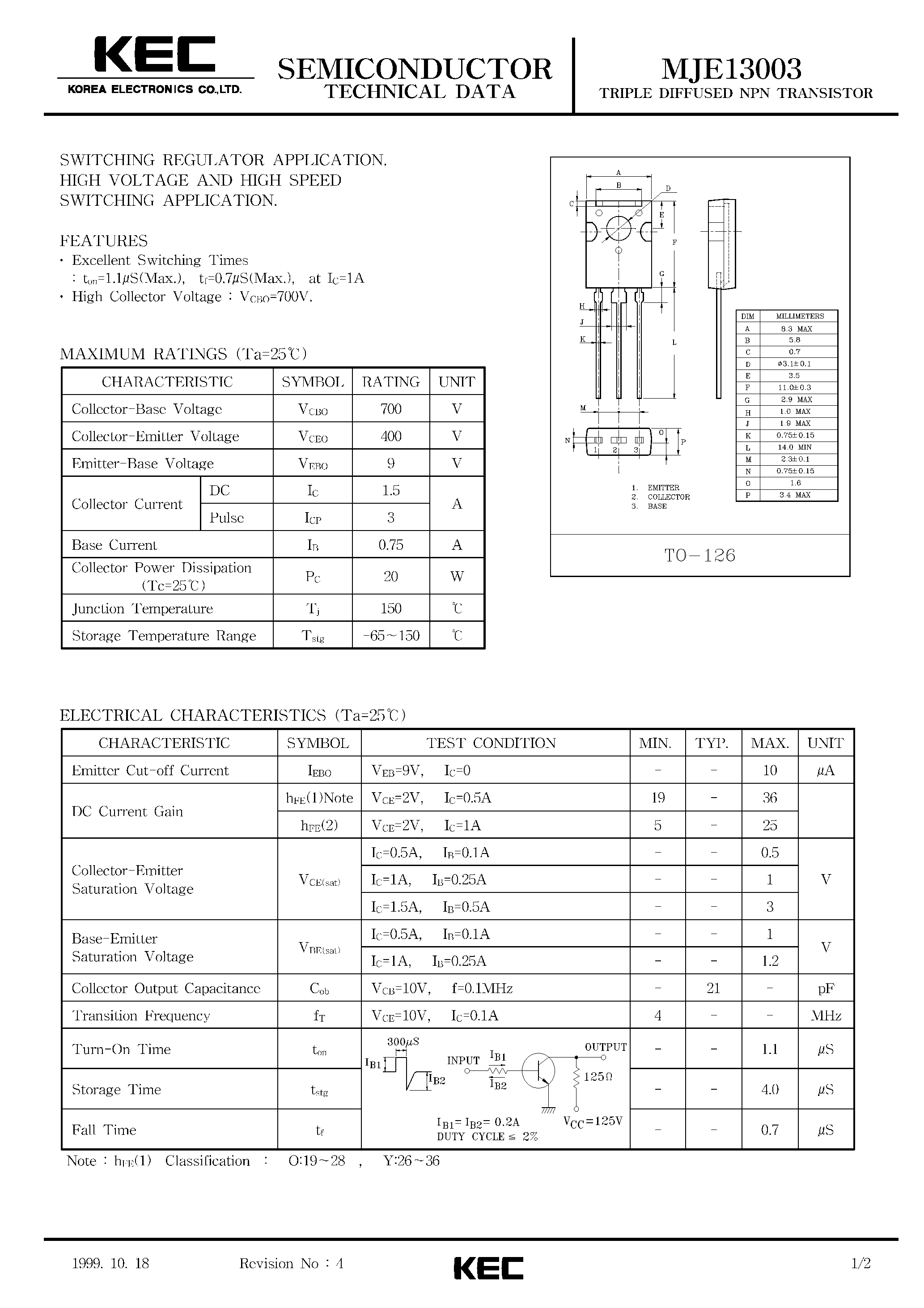 Datasheet MJE13003 - TRIPLE DIFFUSED NPN TRANSISTOR(SWITCHING REGULATOR / HIGH VOLTAGE AND HIGH SPEED SWITCHING) page 1