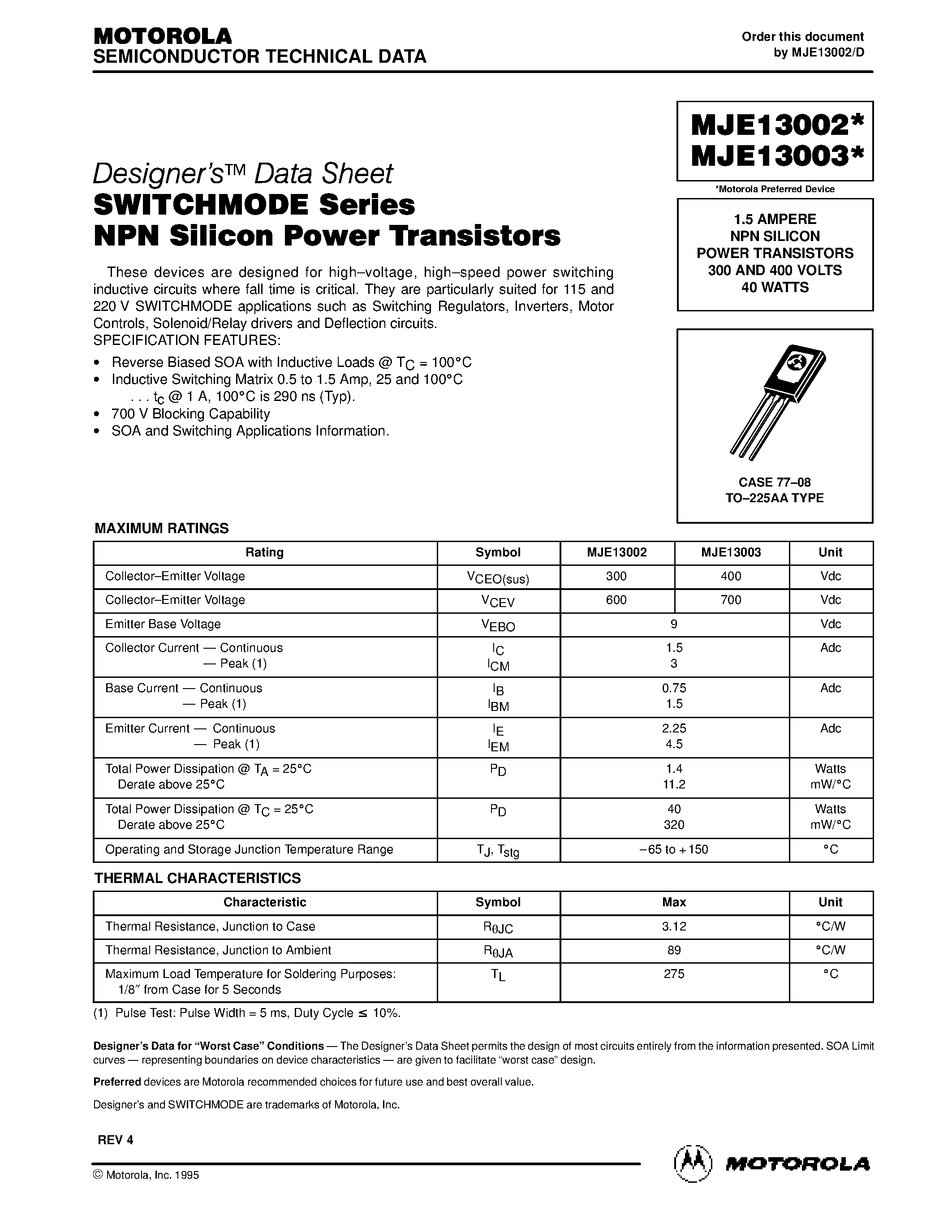 Даташит MJE13003 - 1.5 AMPERE NPN SILICON POWER TRANSISTORS 300 AND 400 VOLTS 40 WATTS страница 1