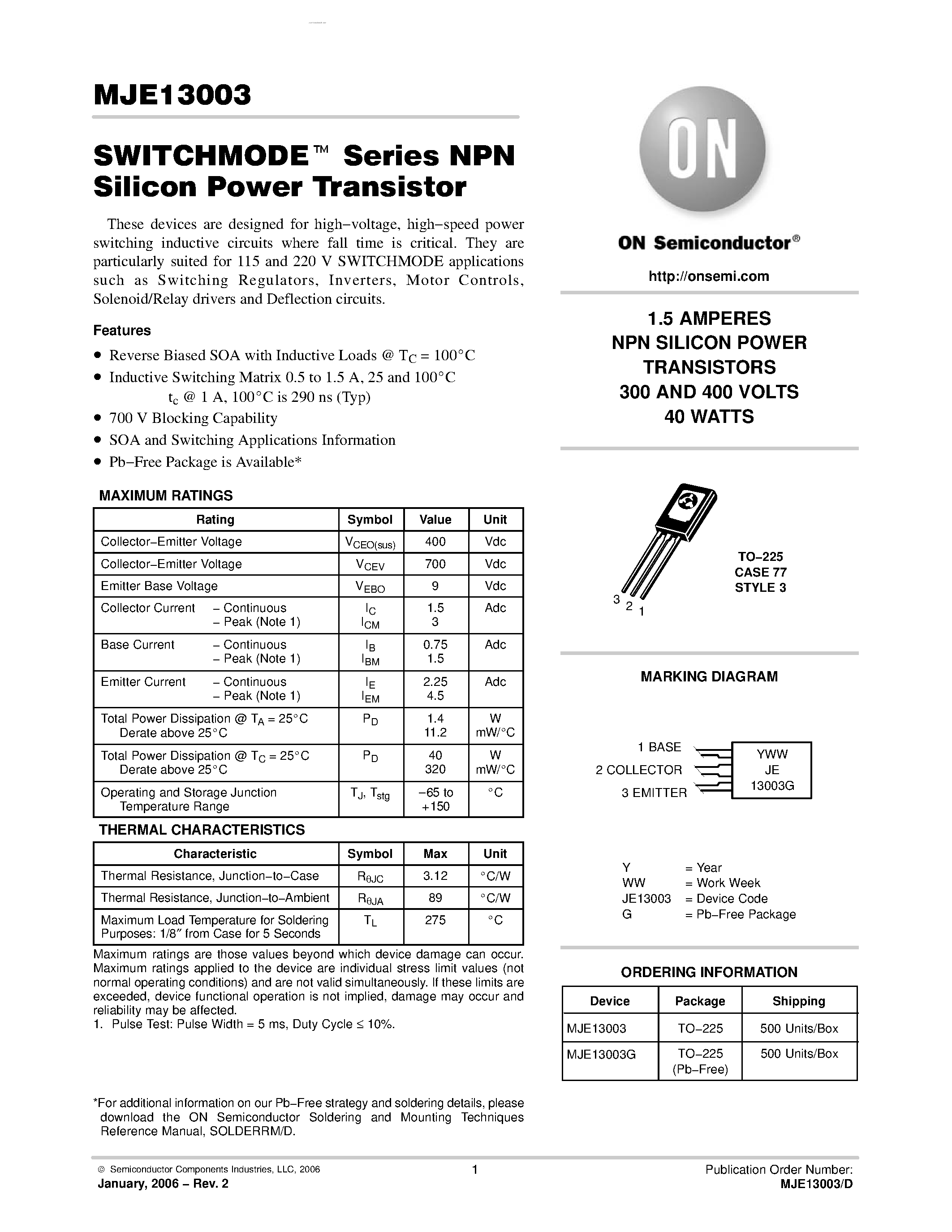 Datasheet MJE13003 - NPN SILICON POWER TRANSISTORS page 1