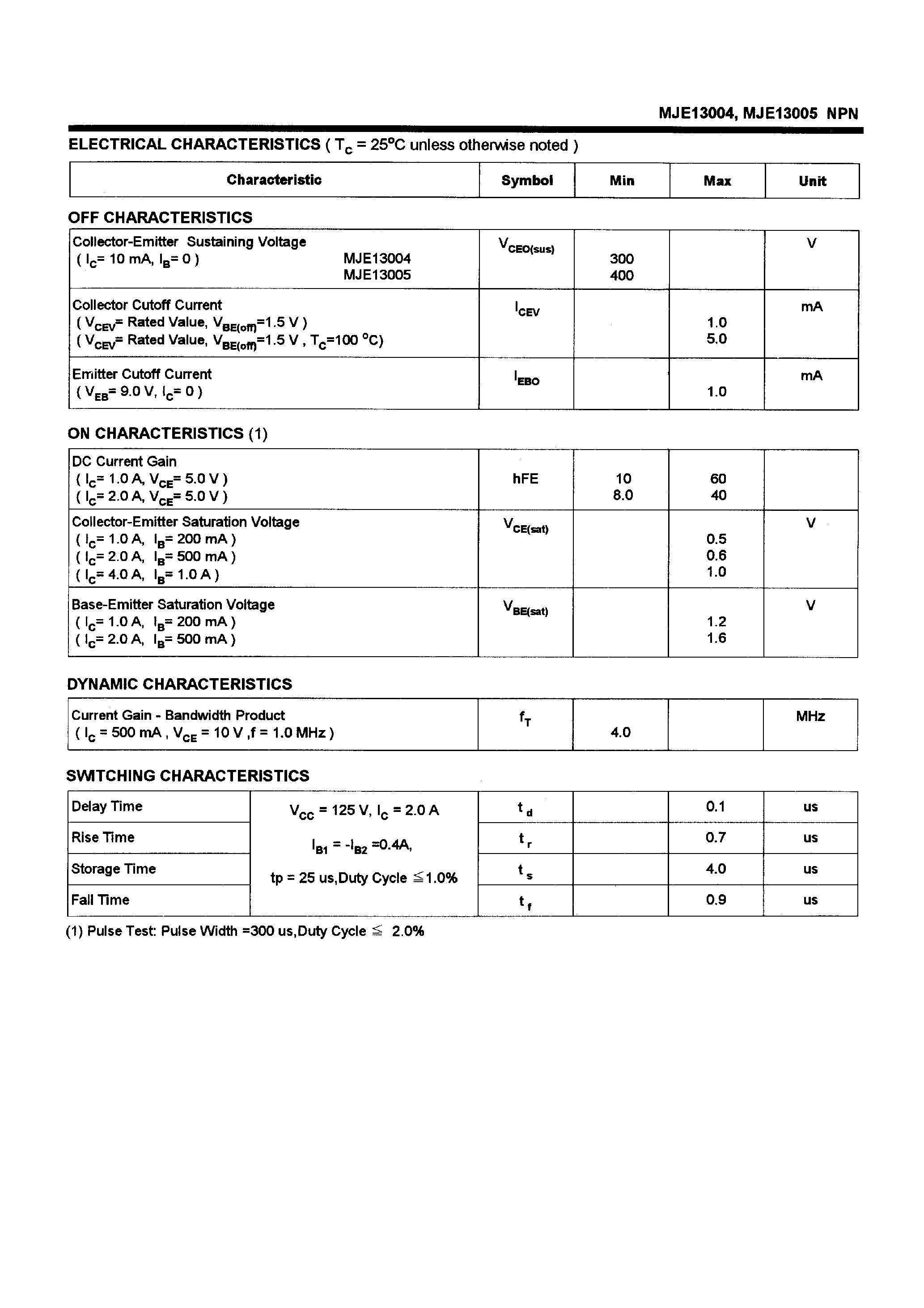 Даташит MJE13004 - POWER TRANSISTORS(4A /300-400V /75W) страница 2